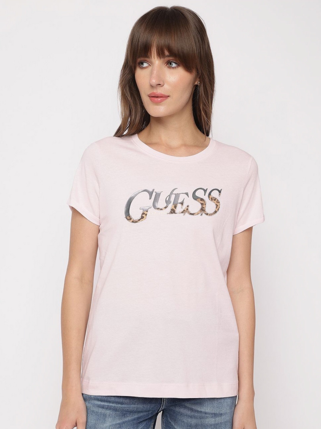 

GUESS Women Typography Printed Round Neck Cotton Slim Fit T-shirt, Pink