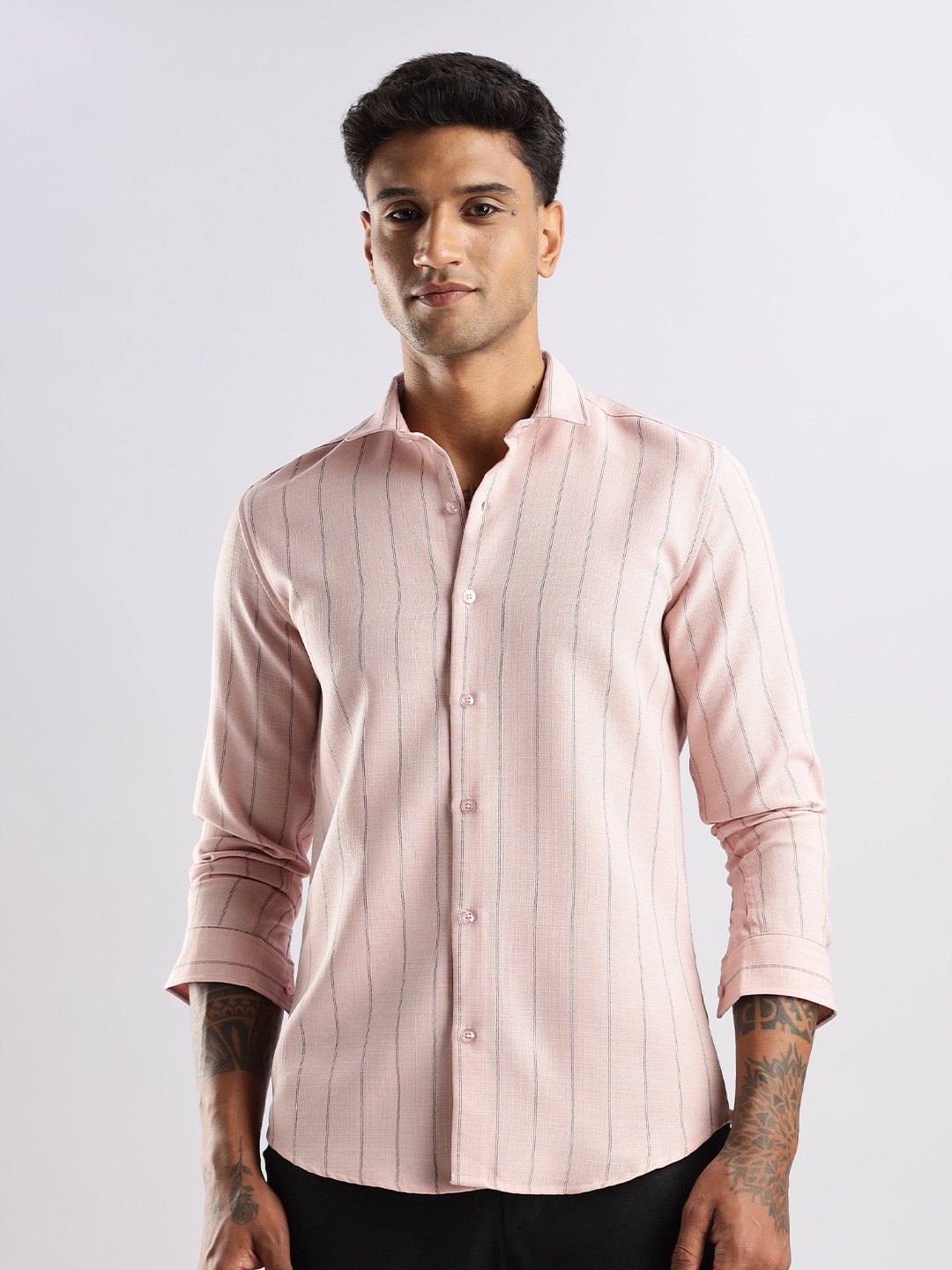 

THE BEETEL HOUSE Men Air Like Linen Stripes Regular Slim Fit Casual Shirt, Pink