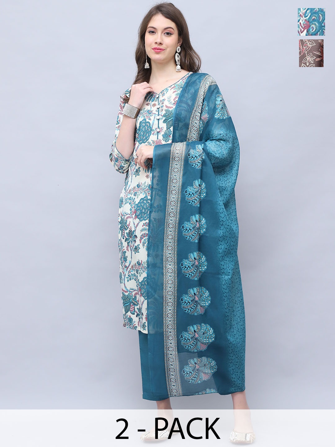 

Roly Poly Slection Of 2 Floral Printed Straight Kurta with Trousers & Dupatta, Brown