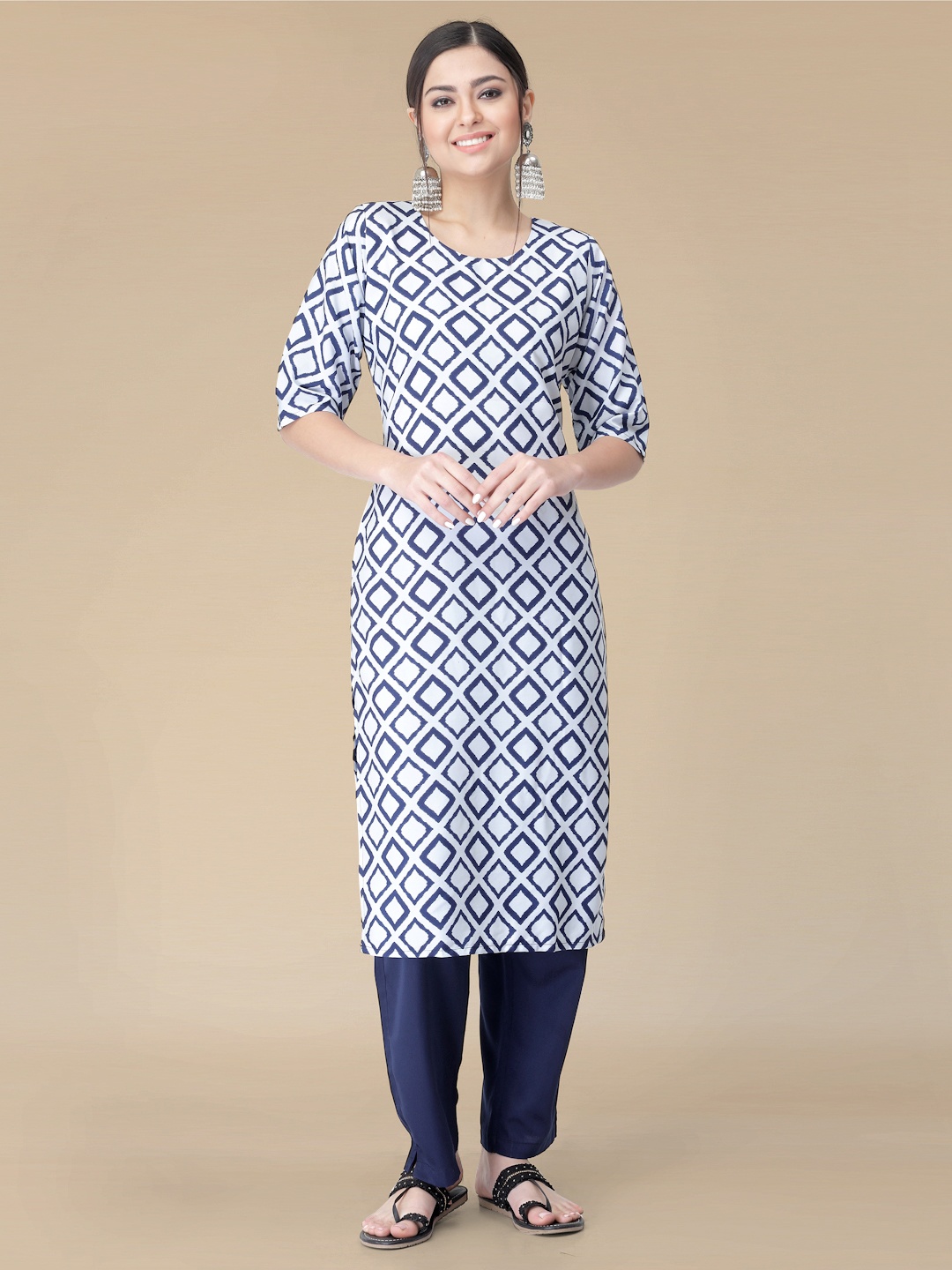 

Moda Rapido Geometric Printed Round Neck Straight Kurta with Trousers, White