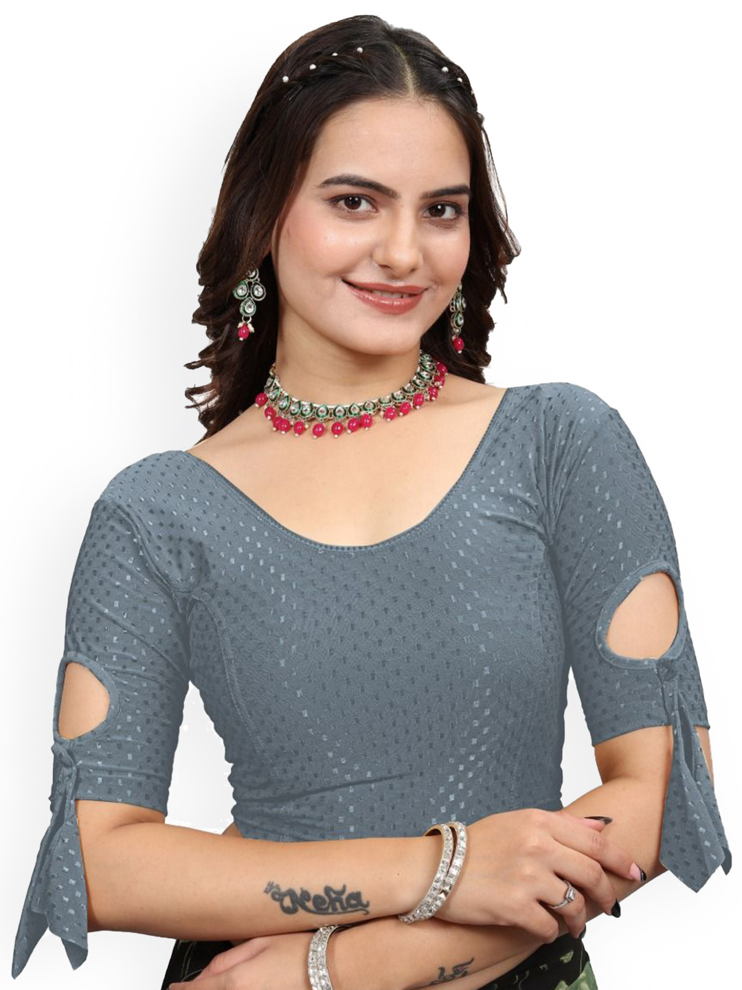 

SS Sanket Synthetics Woven Design Stretchable Saree Blouse, Grey