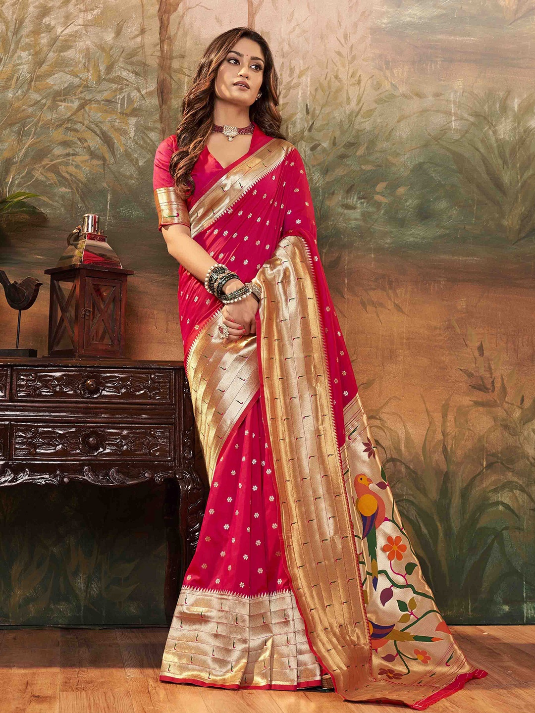 

Blissta Woven Design Zari Silk Blend Paithani Saree, Pink