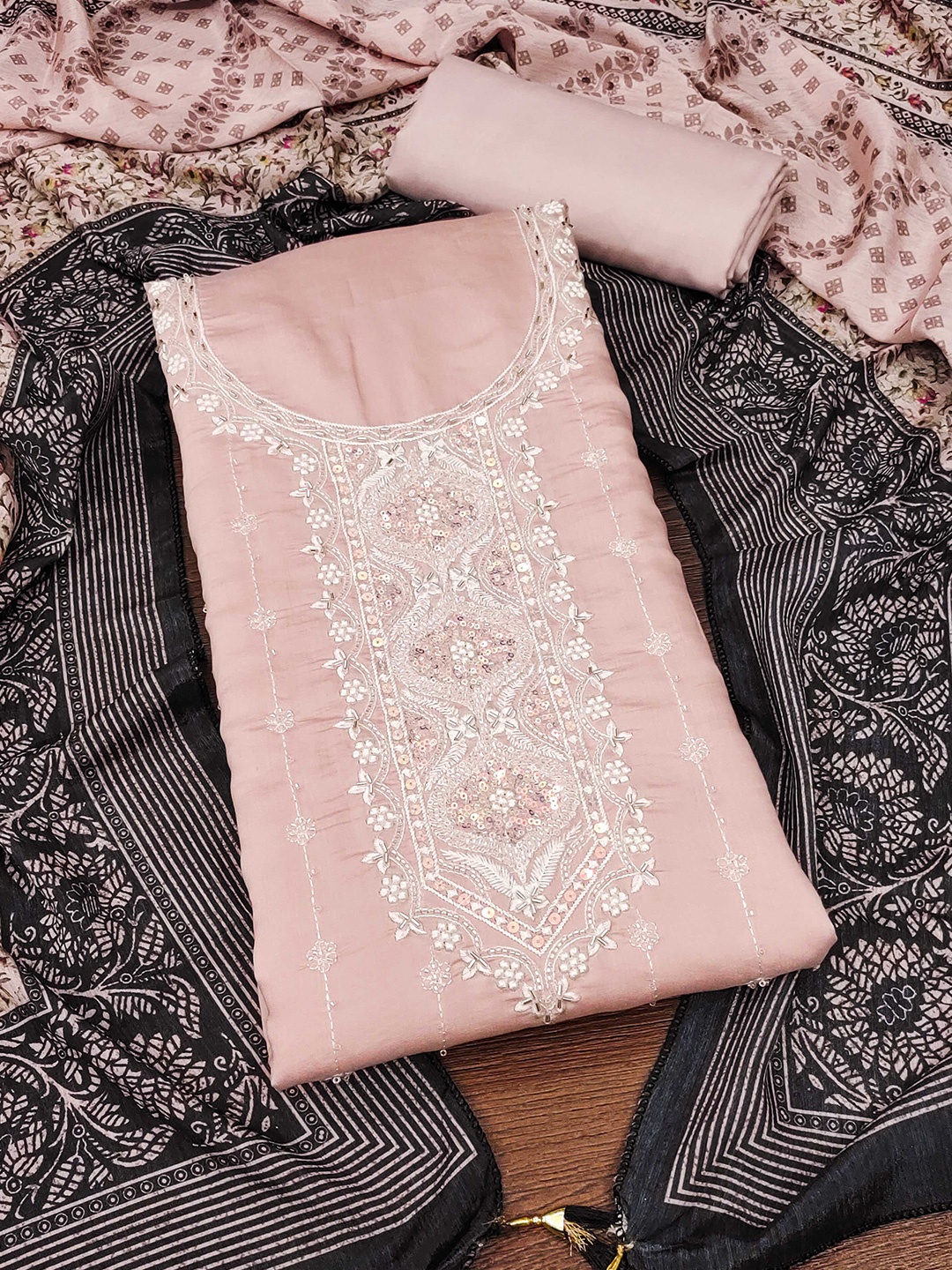 

SAINOOR Floral Embroidered Pure Silk Semi-Stitched Dress Material, Peach