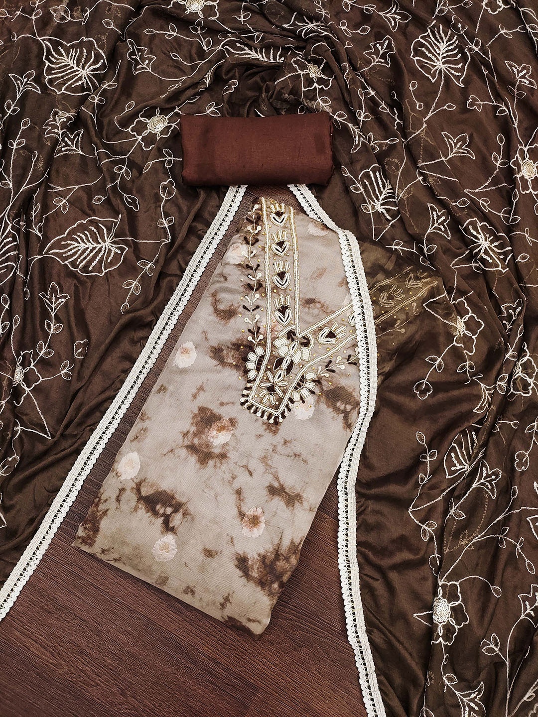 

MANVAA Embellished Unstitched Dress Material, Brown