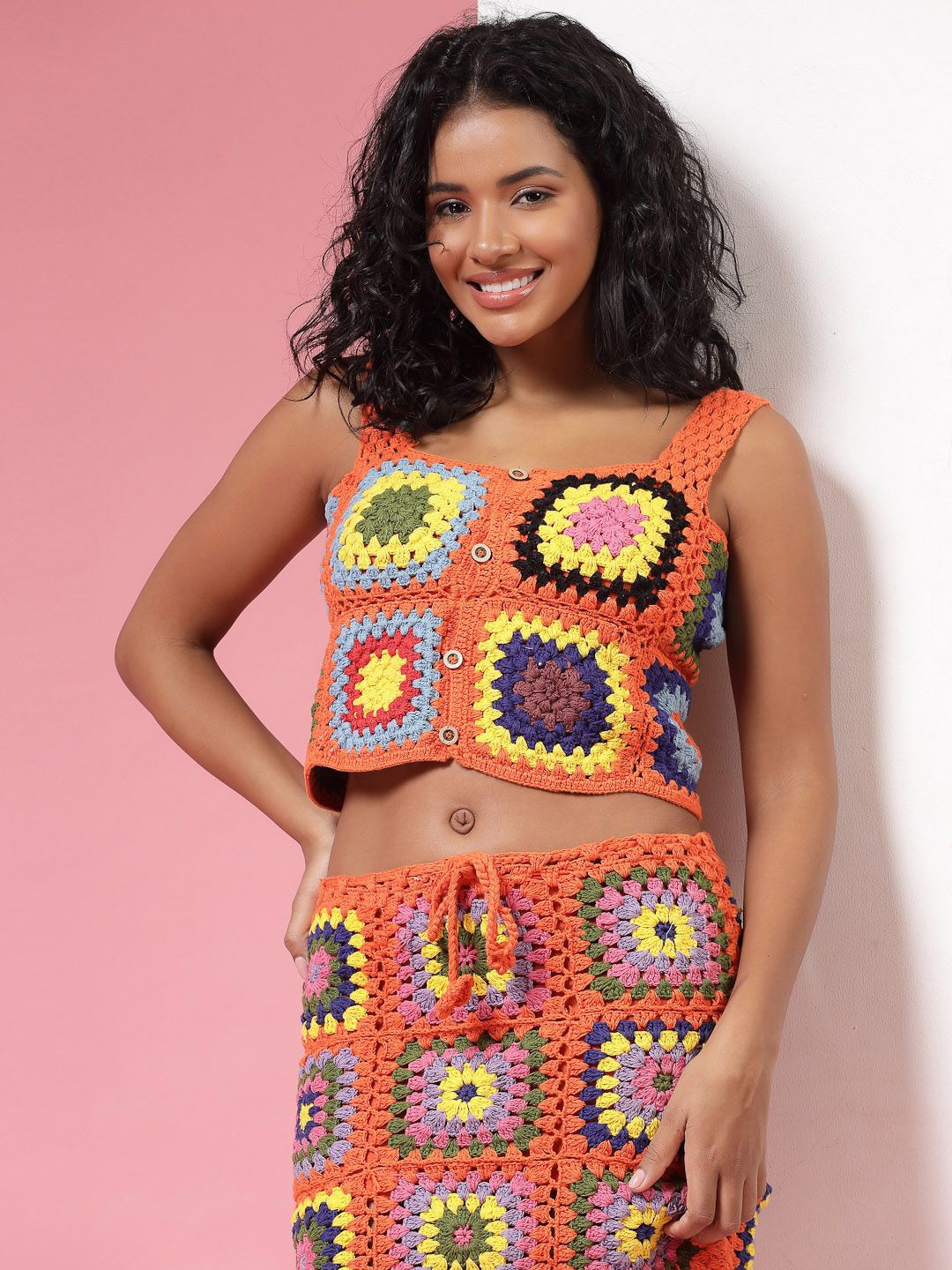 

Velvery Floral Cotton Crochet Crop Top, Multi