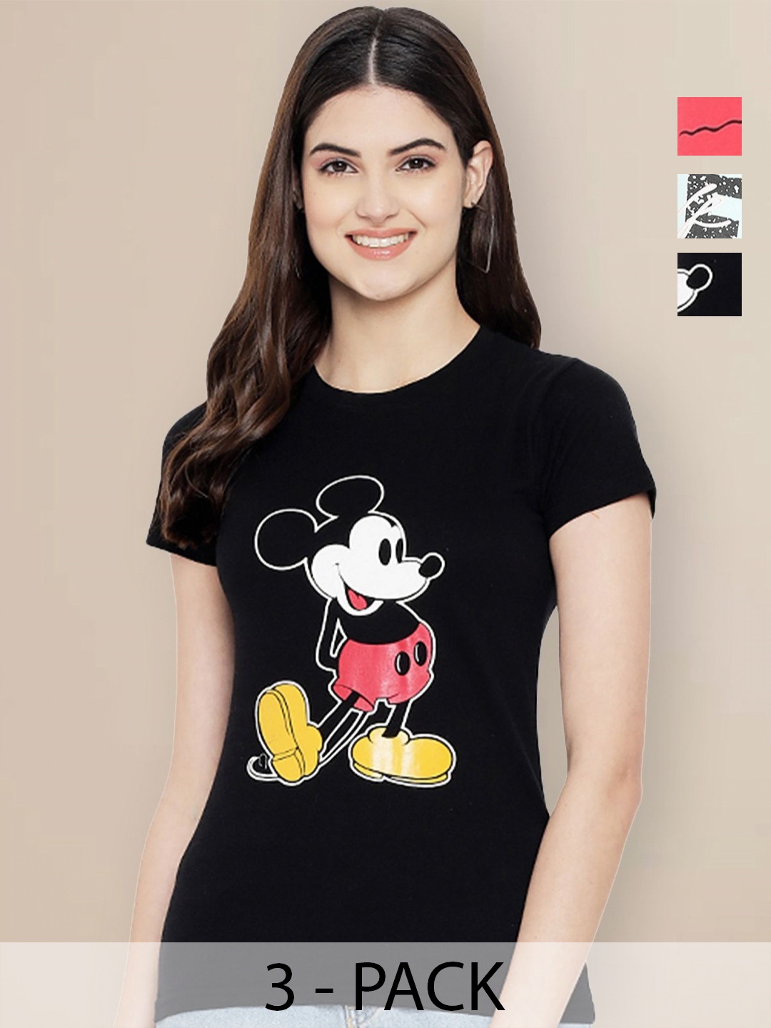 

Metronaut Women Pack of 3 Mickey Mouse Graphic Printed Round Neck Cotton T-shirts, Black