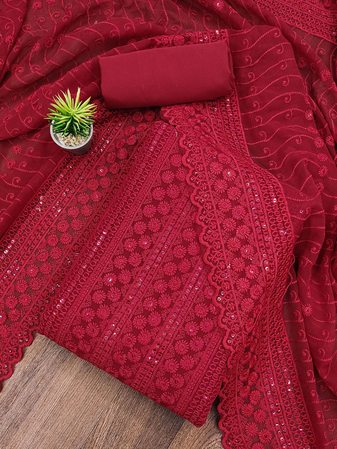 

Rangtulika Floral Embroidered Sequinned Unstitched Dress Material, Maroon