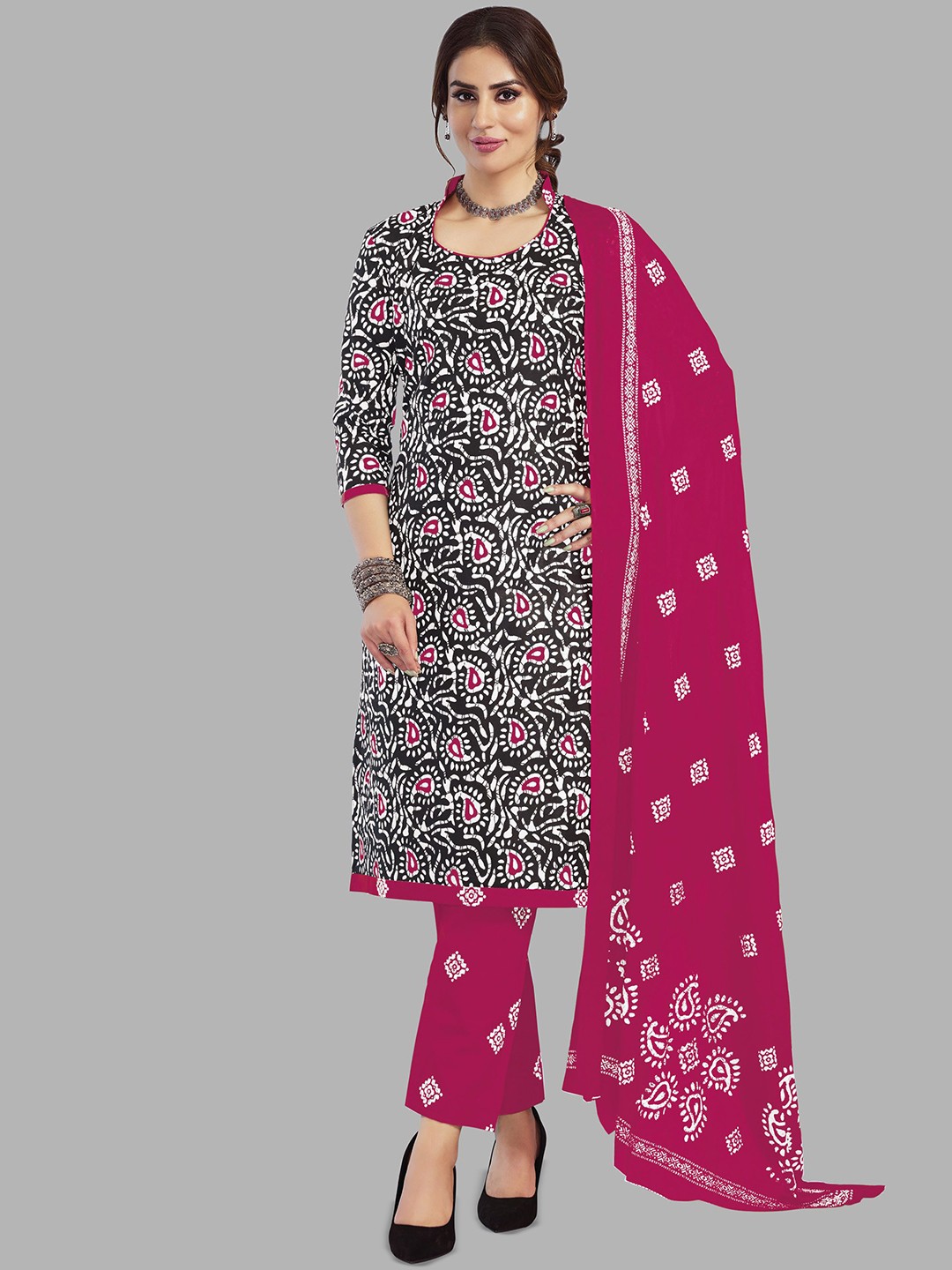 

Simmu Floral Printed Pure Cotton Straight Kurta With Trousers And Dupatta, Pink