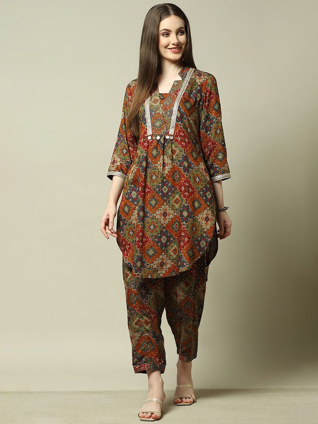 

Rangriti Floral Printed V-Neck Tunic With Trouser, Rust