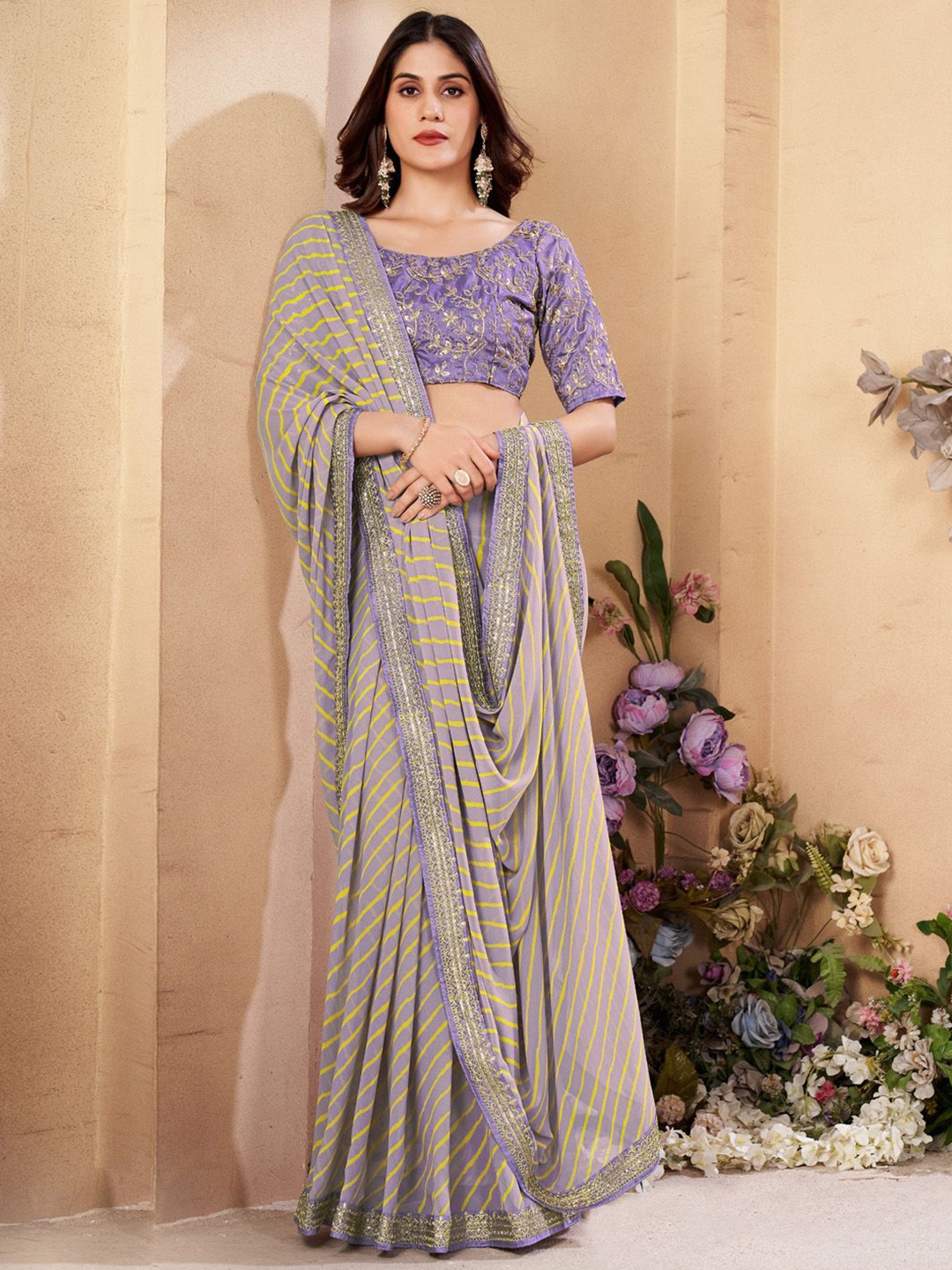 

Mitera Leheriya Embroidered Pure Georgette Leheriya Saree, Lavender