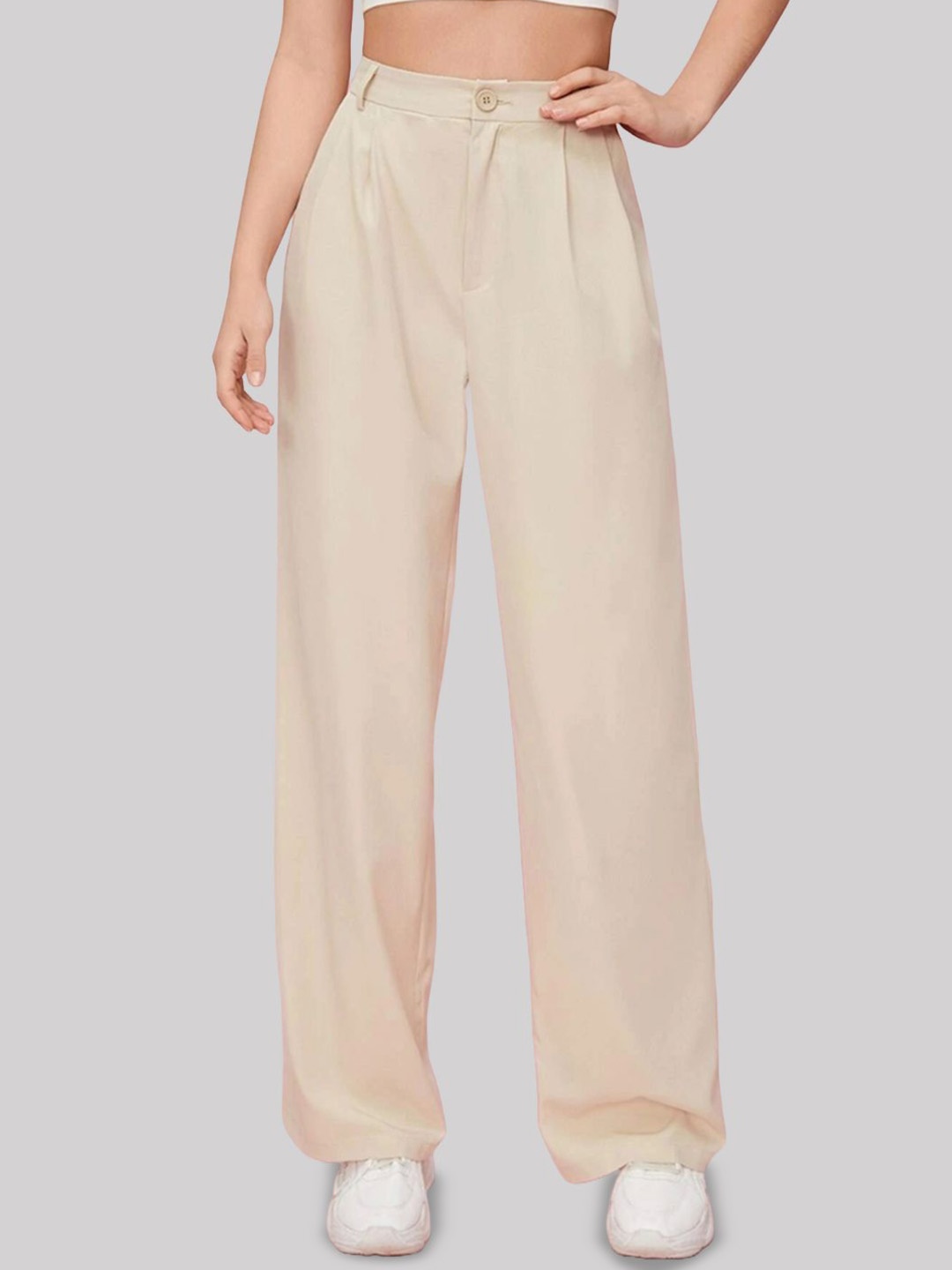 

FNOCKS Women Comfort Straight Fit High-Rise Regular Trousers, Cream
