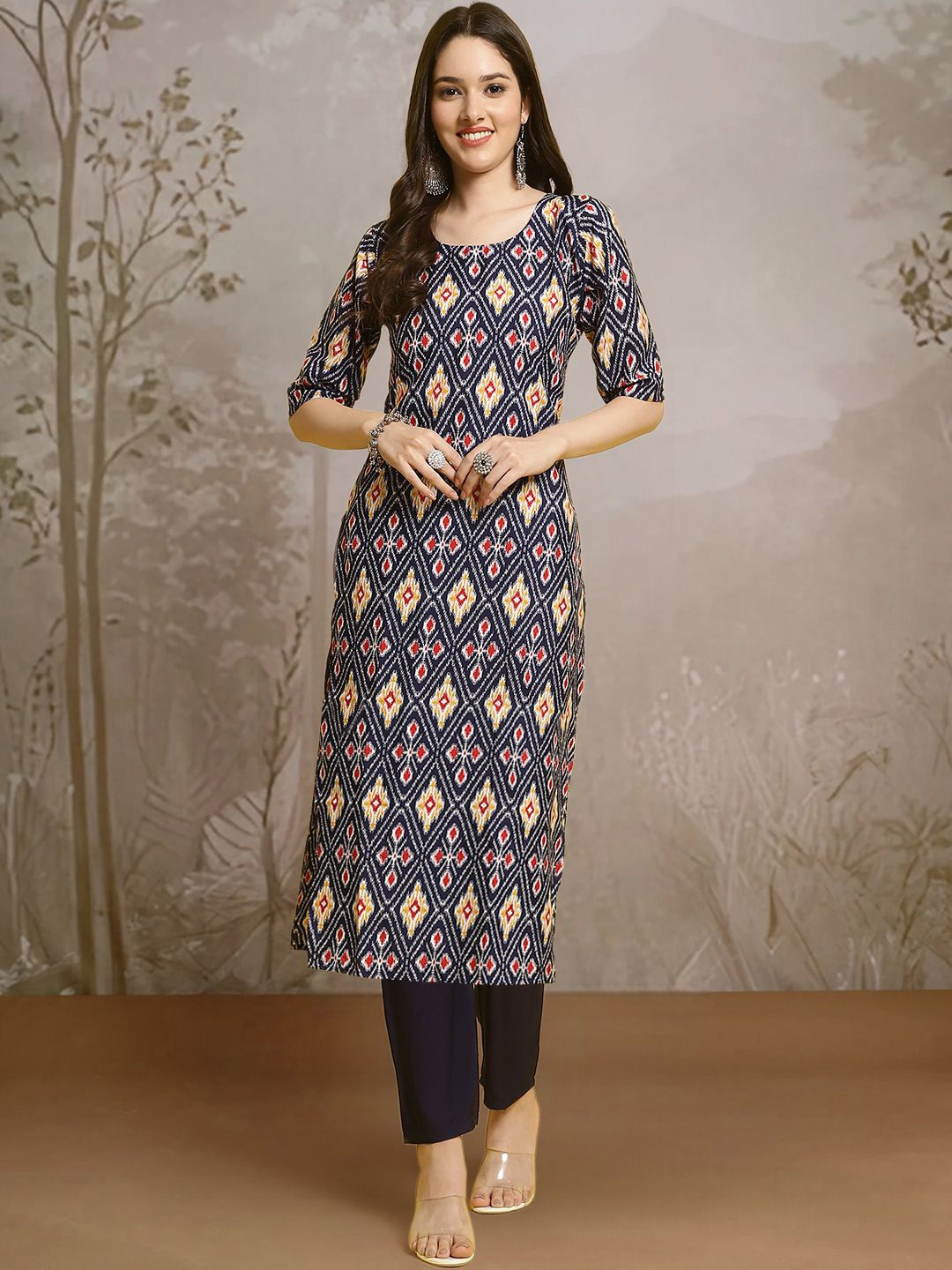 

Moda Rapido Printed Straight Kurta with Trouser, Navy blue
