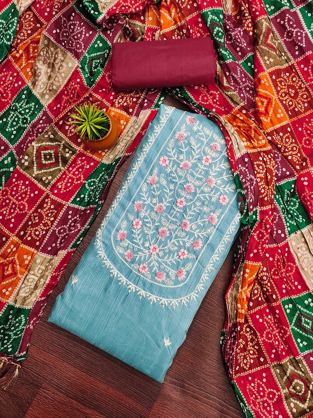 

MANVAA Embellished Unstitched Dress Material, Blue