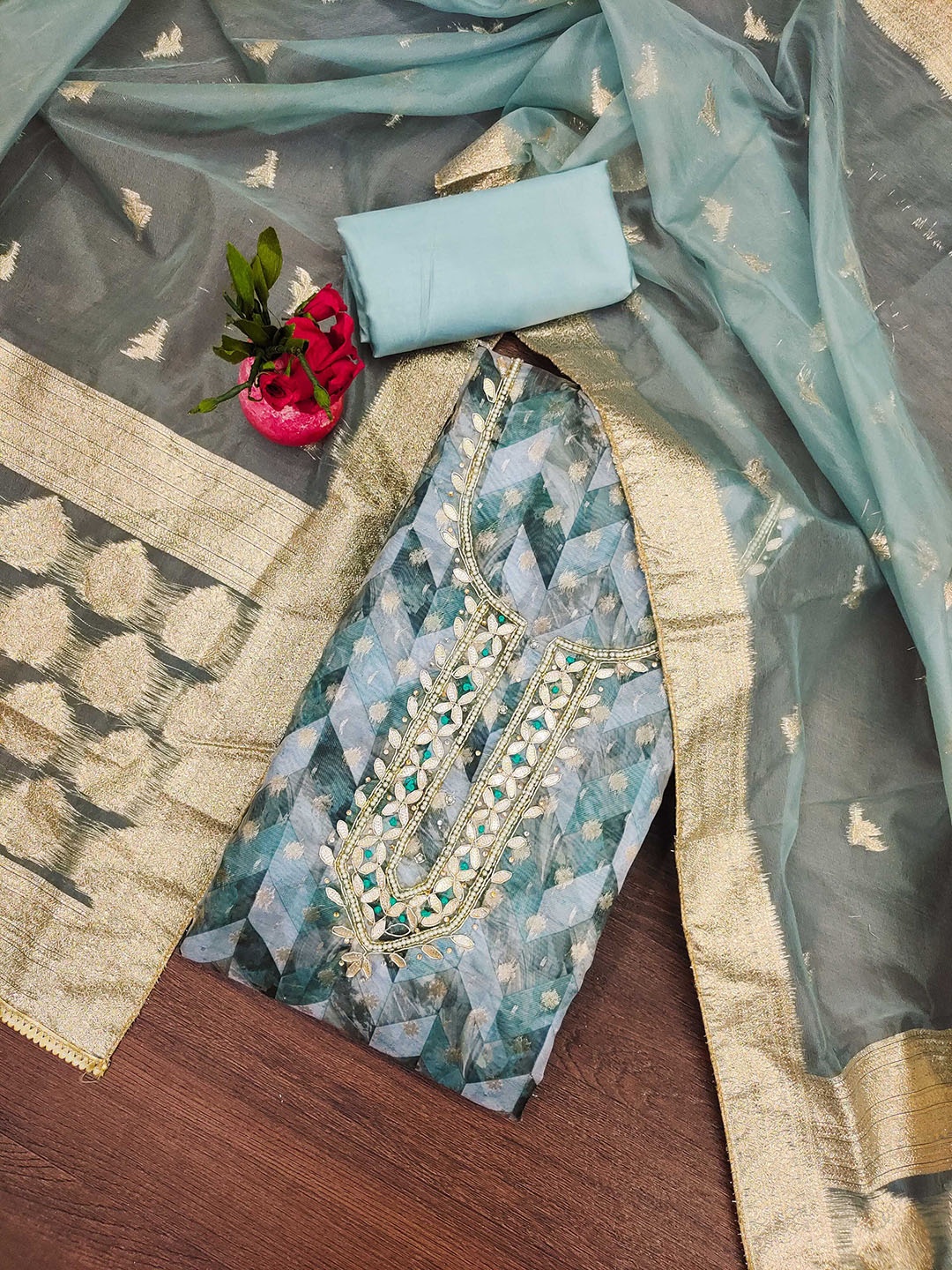 

SAINOOR Geometric Printed Beads and Stones Organza Unstitched Dress Material, Turquoise blue