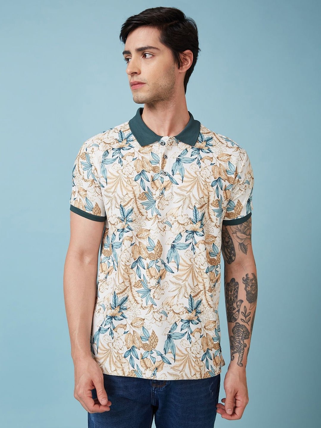 

Status Quo Men Floral Printed Polo Collar Regular Fit T-shirt, Off white