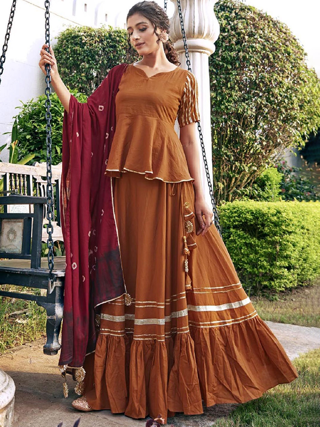 

KALINI Women Regular Gotta Patti Kurta with Skirt & With Dupatta, Brown