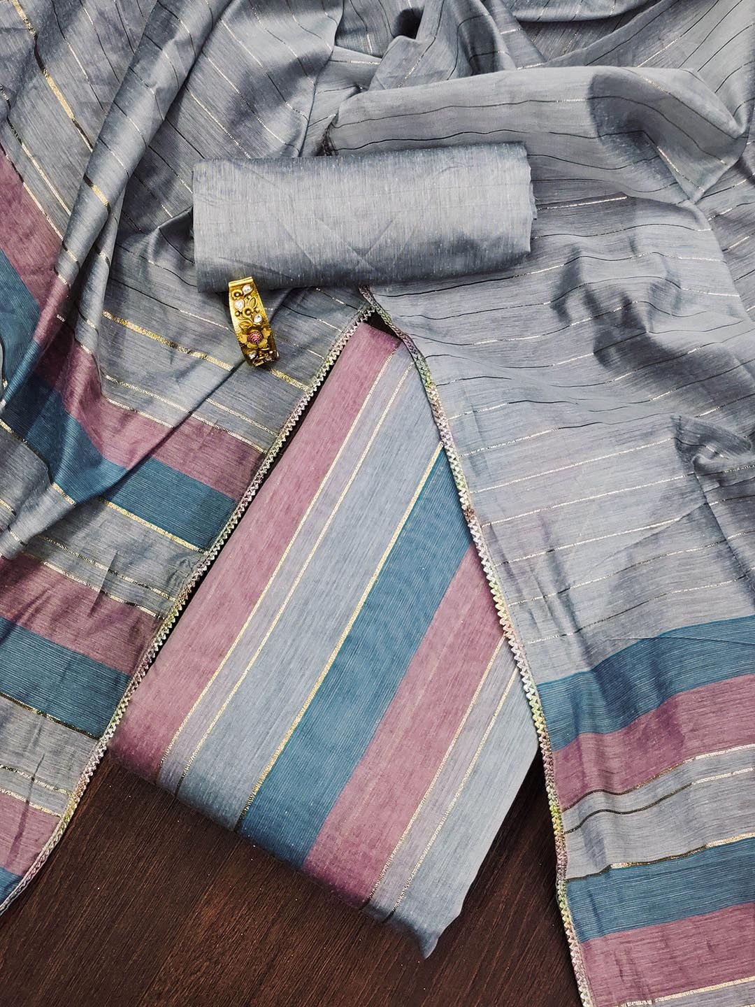 

SAINOOR Striped Woven Design Gotta Patti Unstitched Dress Material, Grey melange