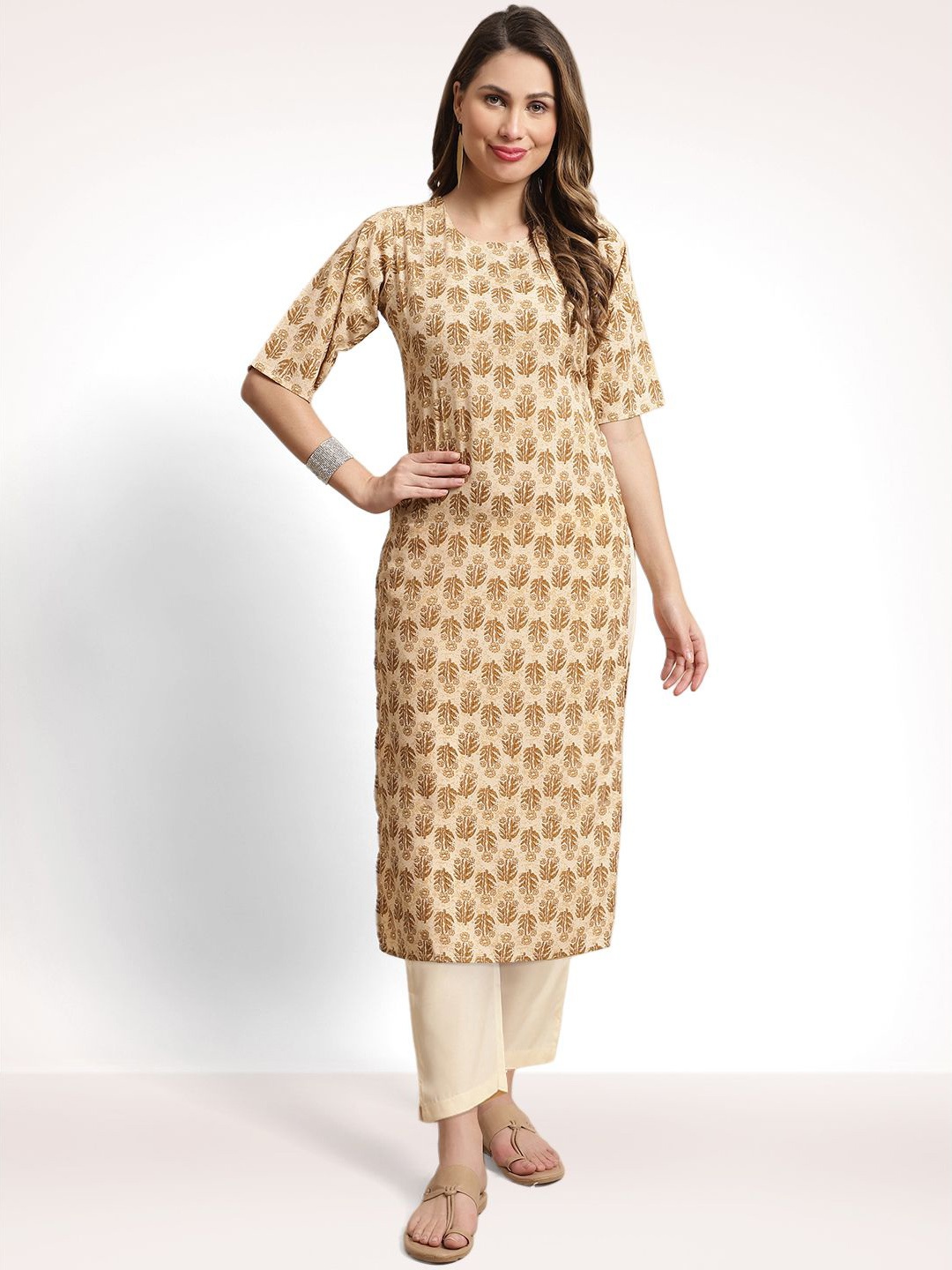 

Moda Rapido Ethnic Motifs Printed Straight Kurta with Trouser, Beige