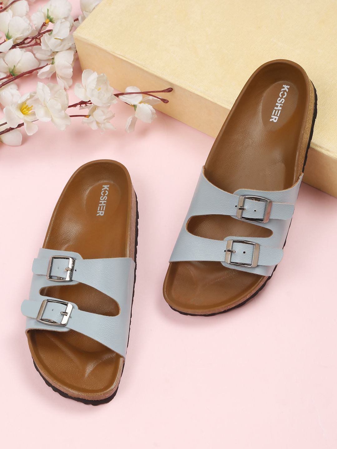

Kosher Women Open Toe Flats with Buckles, Blue