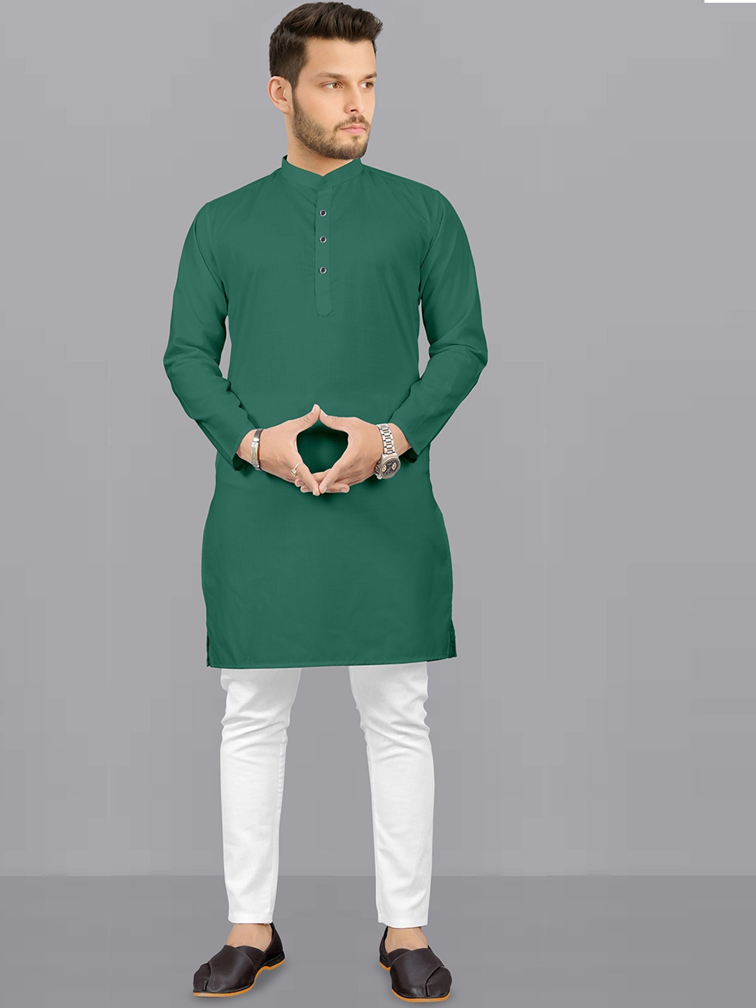 

Fashion FRICKS Band Collar Straight Kurta With Pyjamas, Green