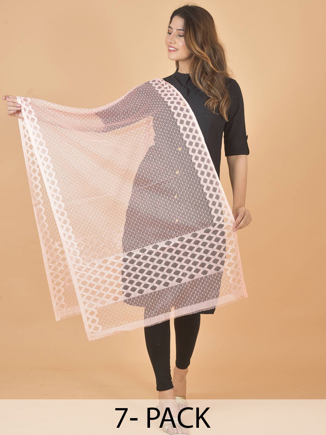 

LA FEMINAE Selection Of 7 Geometric Woven Design Dupattas, Pink