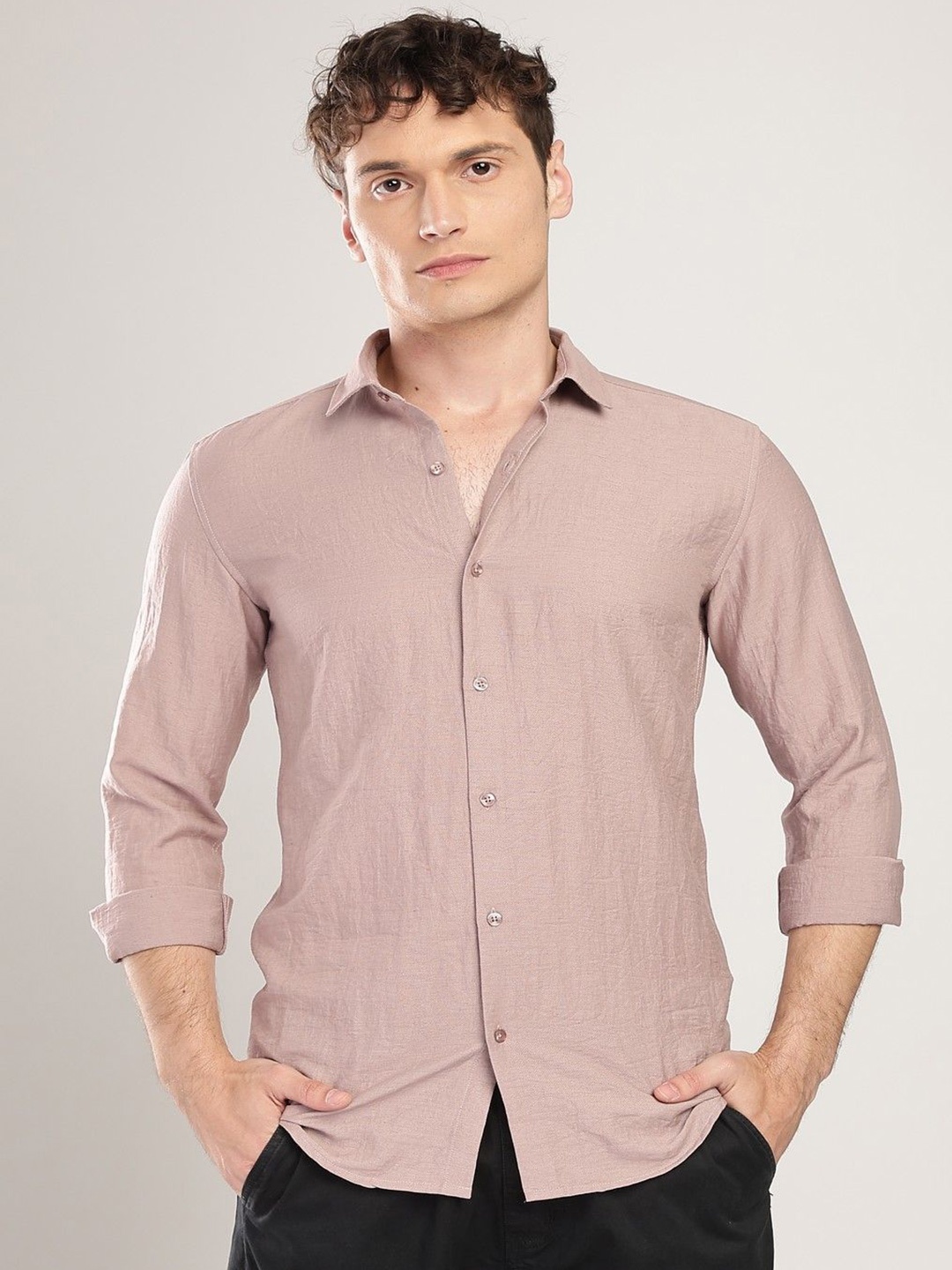 

THE BEETEL HOUSE Men Linen Like Neps Regular Slim Fit Casual Shirt, Pink