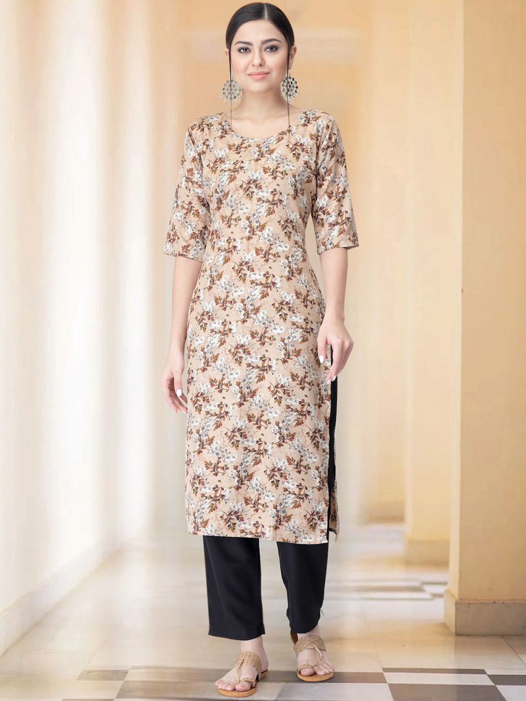 

Moda Rapido Floral Printed Round Neck Straight Kurta with Trousers, Beige