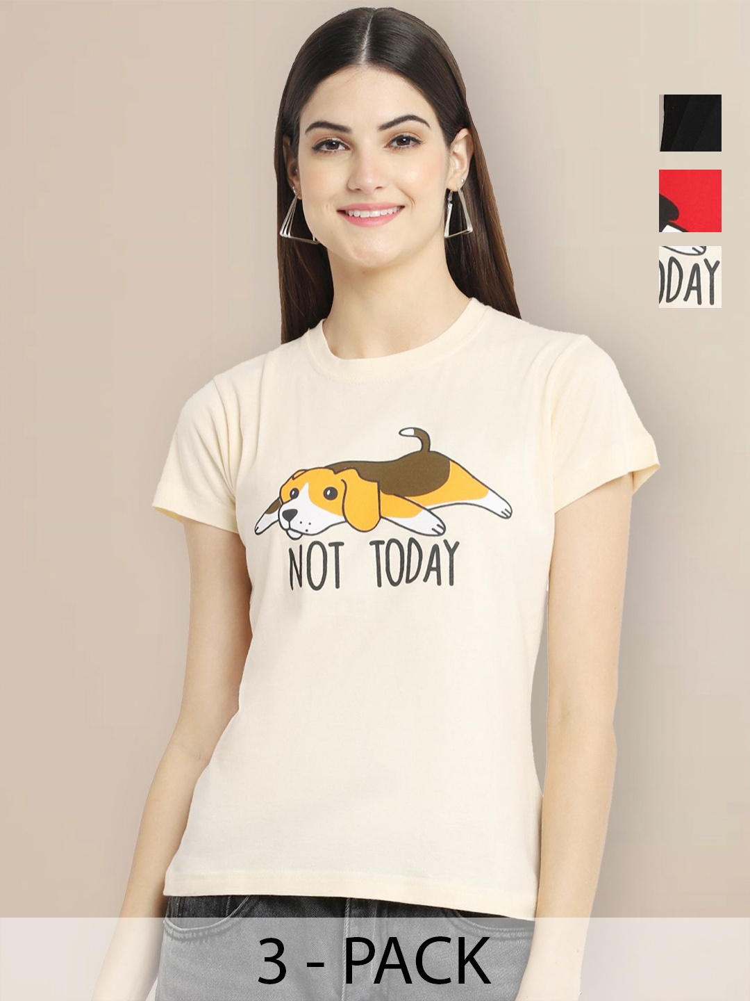 

Metronaut Women Pack of 3 Graphic Printed Round Neck Cotton T-shirts, Beige