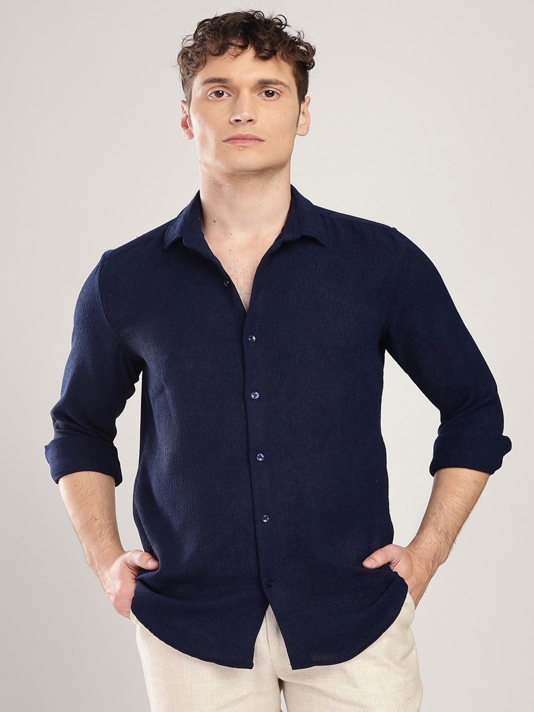 

THE BEETEL HOUSE Men Textured Regular Slim Fit Casual Shirt, Navy blue