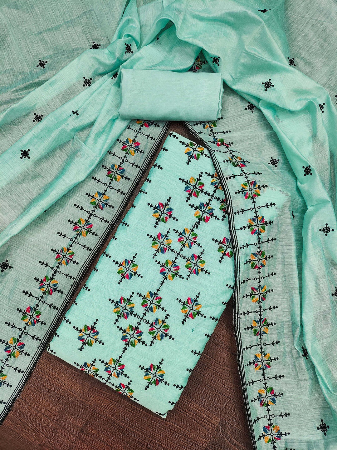 

SAINOOR Geometric Embroidered Chanderi Cotton Unstitched Dress Material, Sea green
