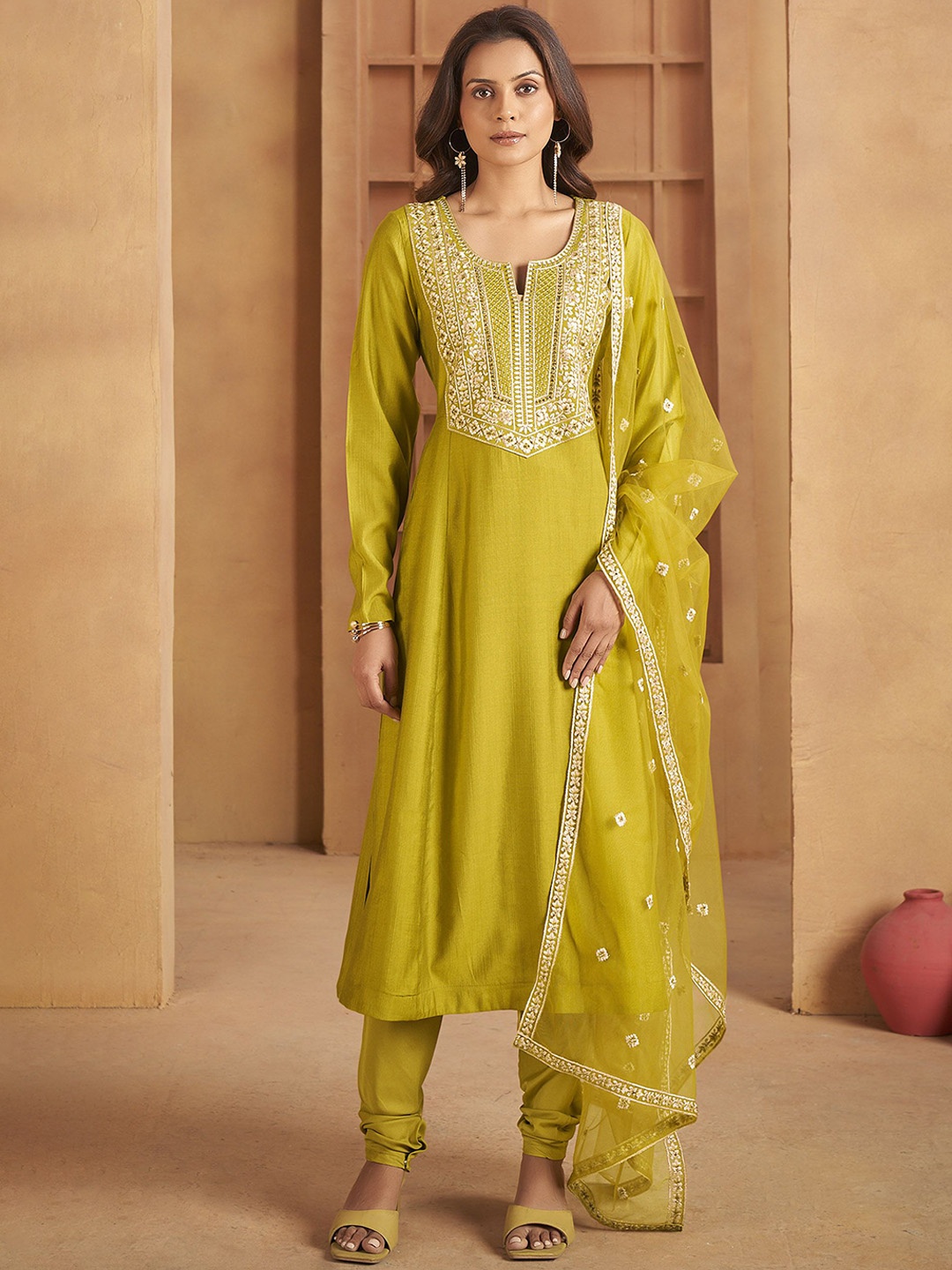 

Anouk Floral Yoke Design Notch Neck Thread Work Anarkali Kurta With Churidar & Dupatta, Lime green