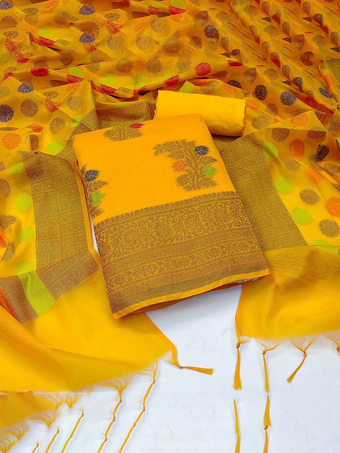 

SAINOOR Floral Banarasi Jacquard Woven Design Unstitched Dress Material, Yellow