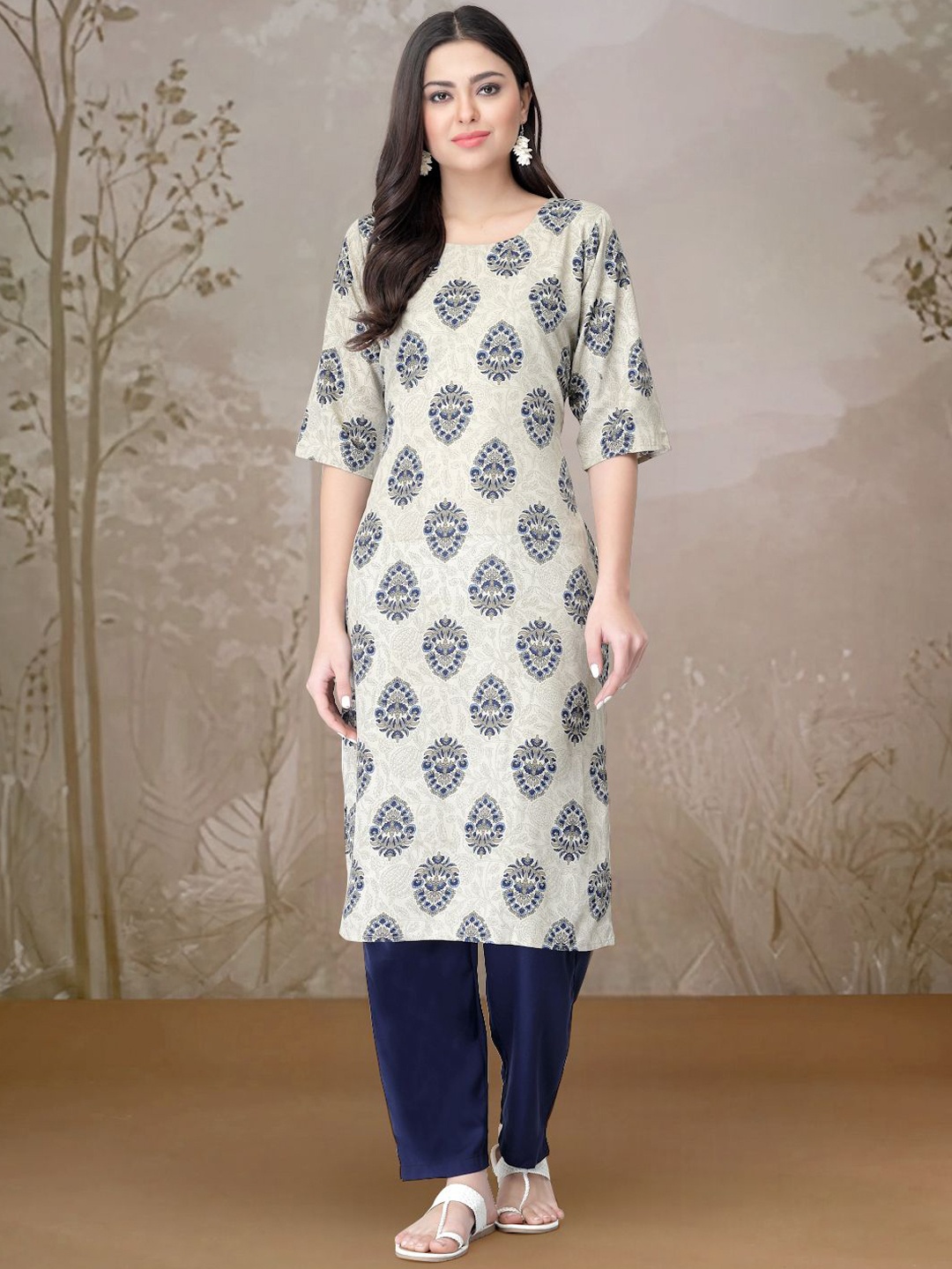 

Moda Rapido Ethnic Motifs Printed Straight Kurta with Trouser, Cream