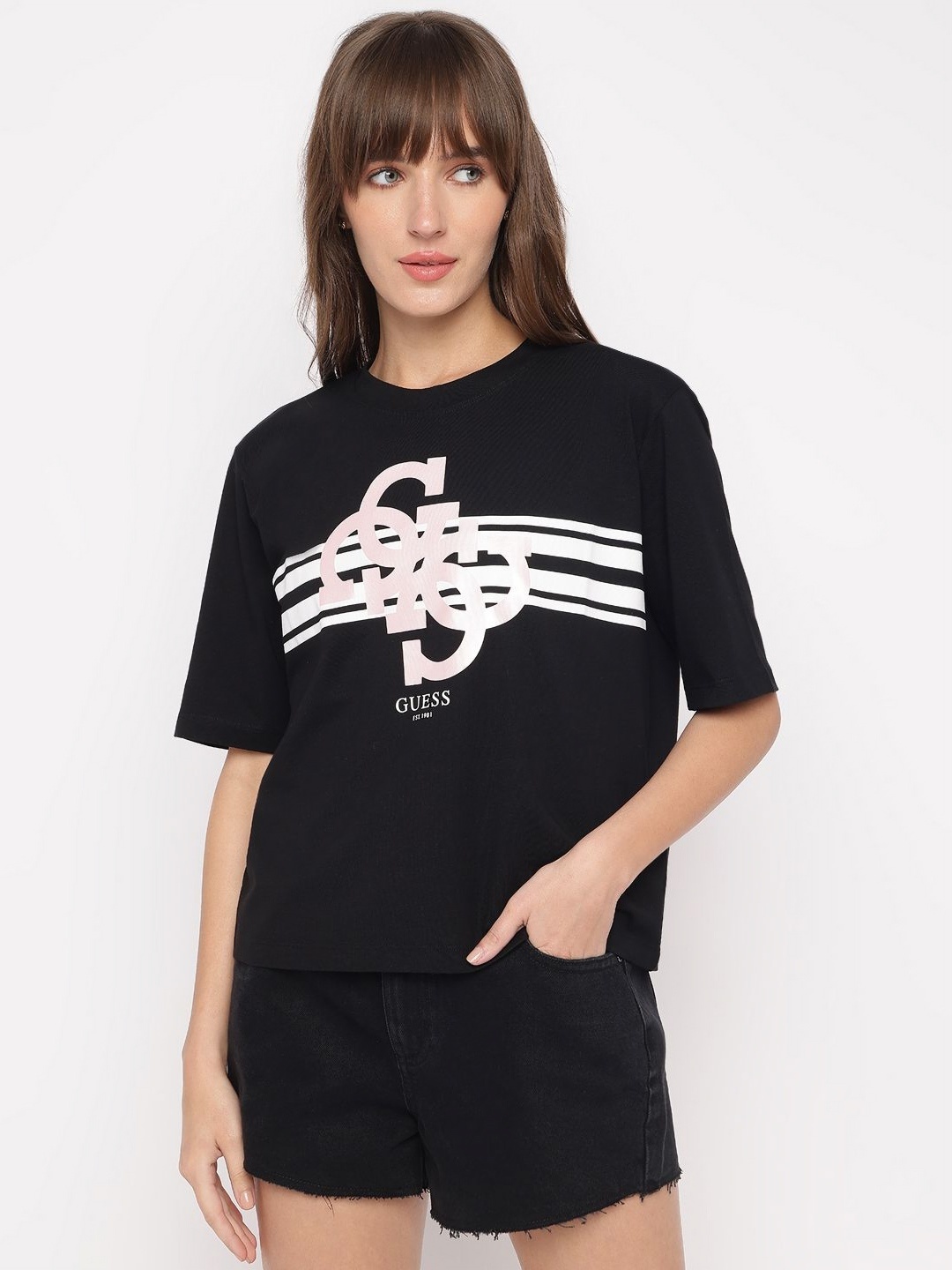 

GUESS Women Striped Round Neck Cotton T-shirt, Black