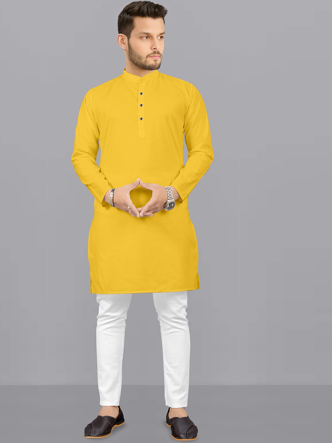 

Fashion FRICKS Band Collar Straight Kurta With Pyjamas, Yellow