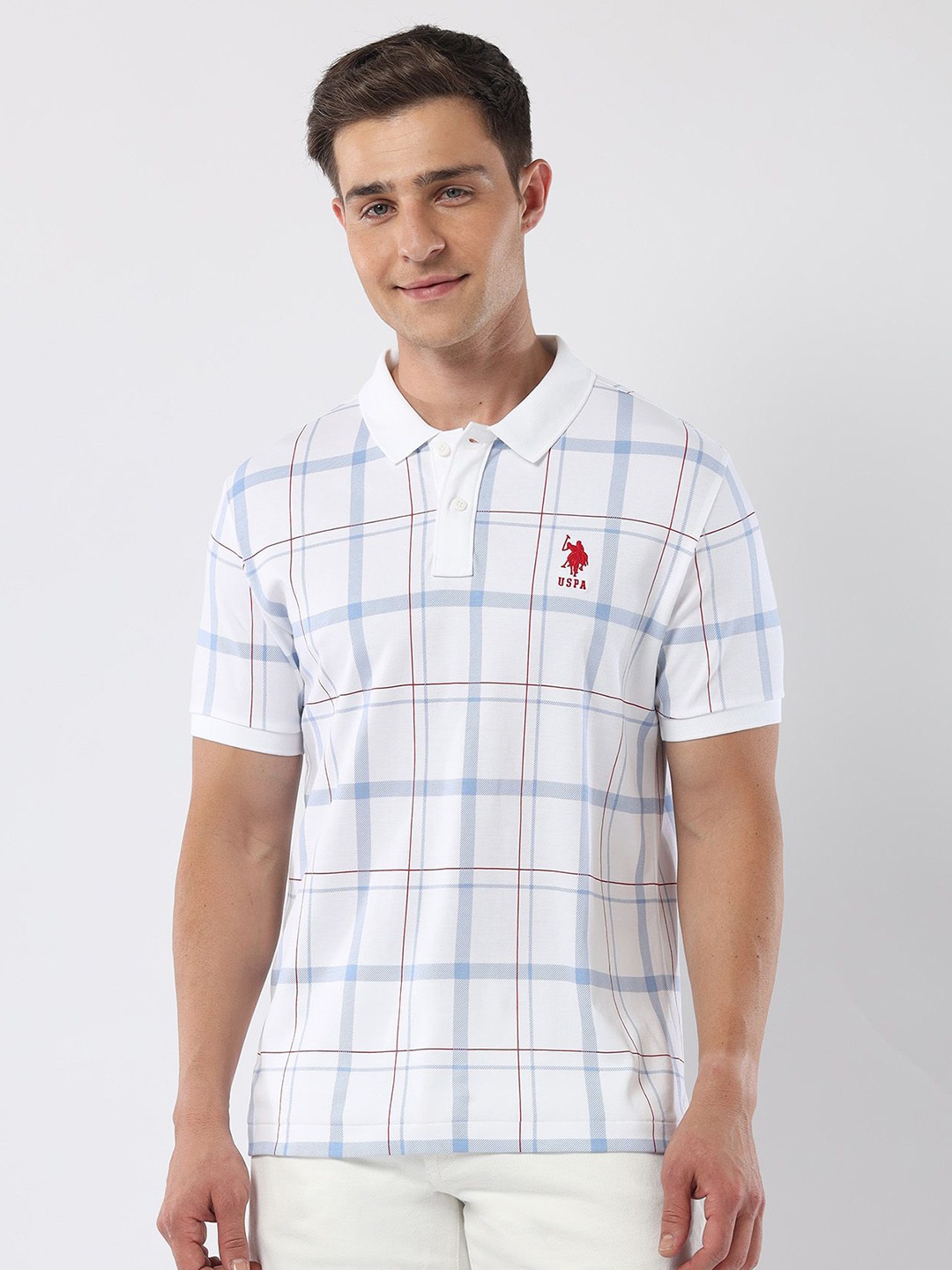 

U.S. Polo Assn. Men Checked Polo Collar Cotton Slim Fit T-shirt, White