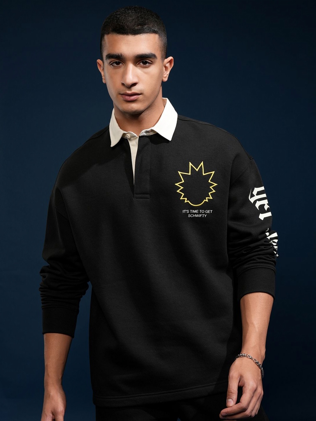 

HIGHLANDER Men Printed Polo Collar Drop Shoulder Sleeves Tshirt, Black