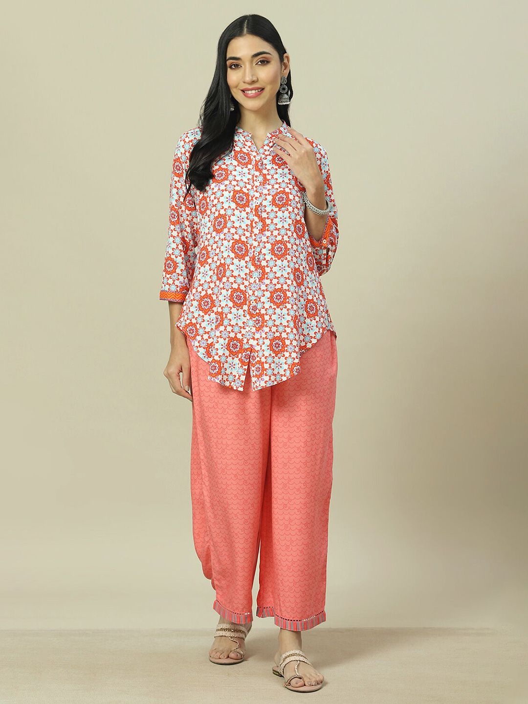 

Rangriti Women Ethnic Motifs Printed Knitted Ethnic Palazzos, Orange