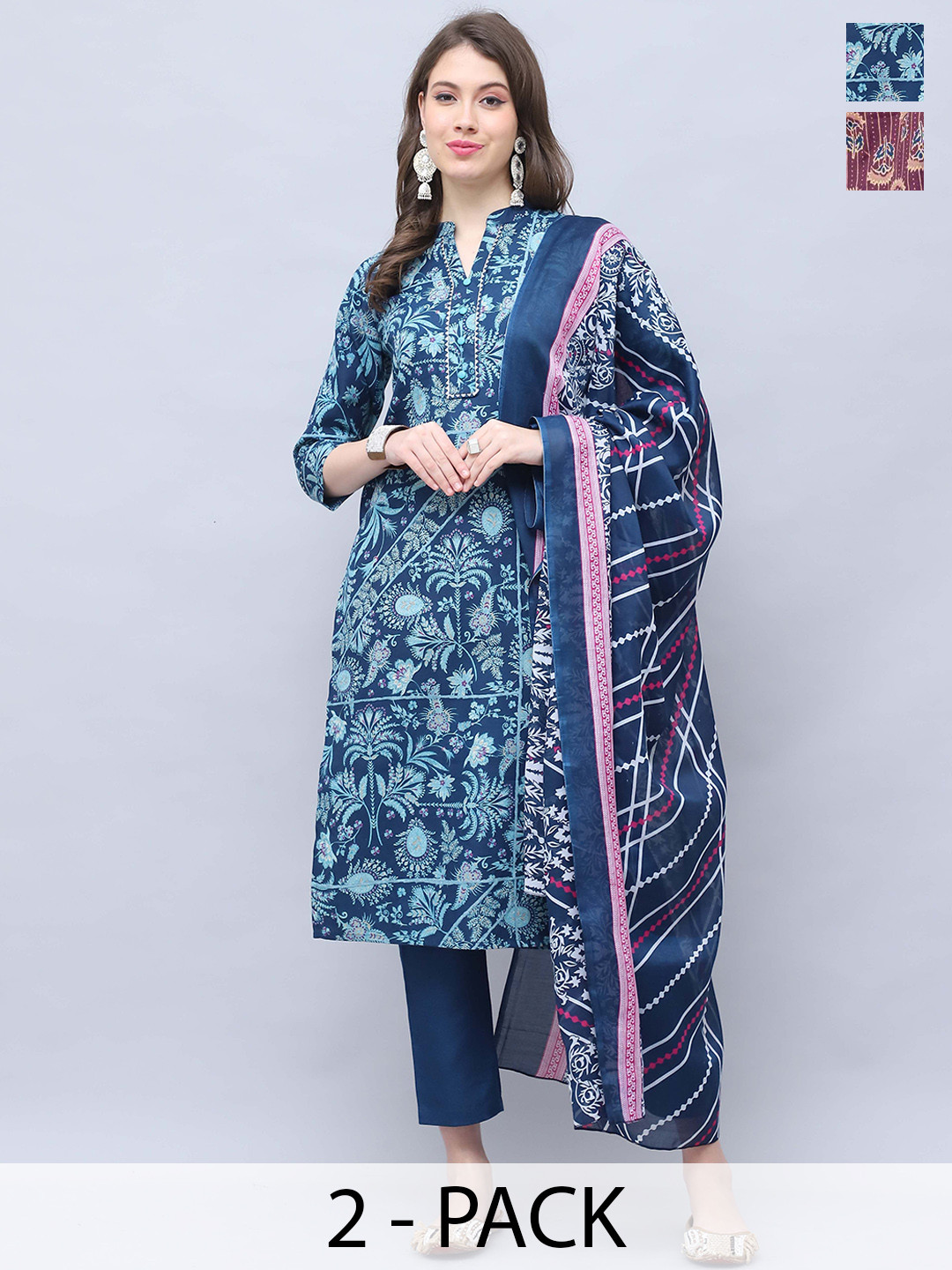 

Rajnandini Selection Of 2 Floral Printed Straight Kurta With Trouser & Dupatta, Blue