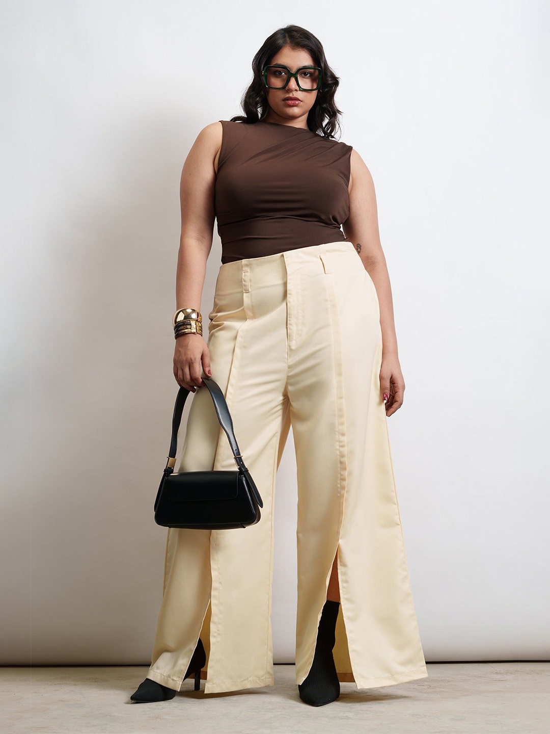 

FREAKINS Women Butter Yellow Curve Flared Korean Pants, Cream