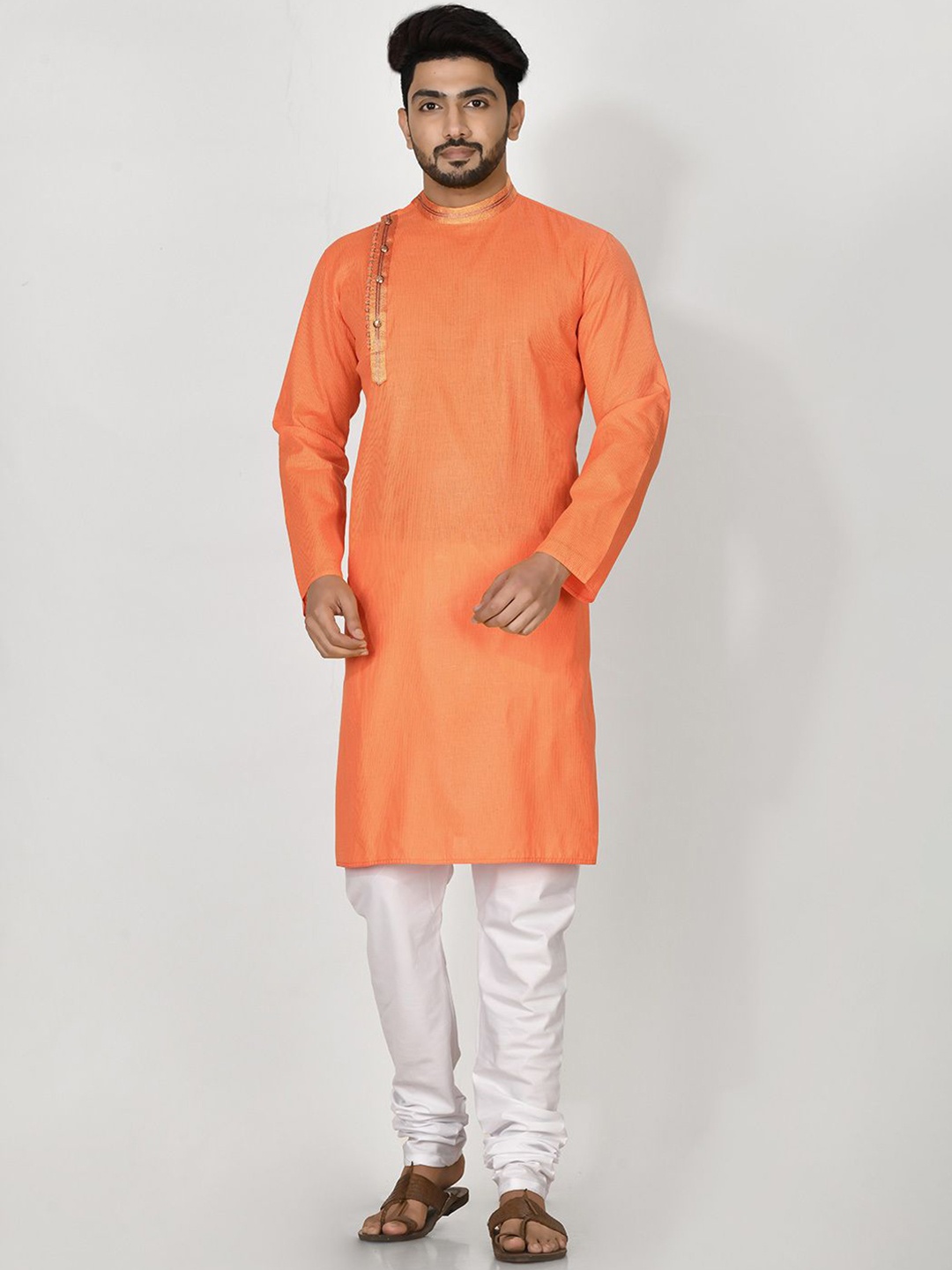 

RANAK Mandarin Collar Organic Cotton Straight Kurta, Orange