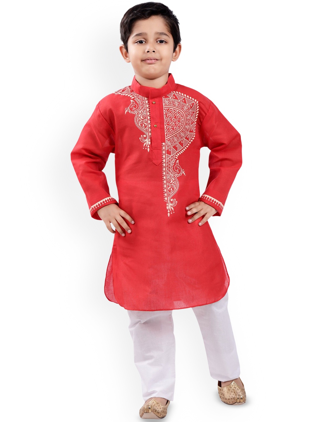 

BAESD Boys Ethnic Motifs Printed Mandarin Collar Straight Kurta With Pyjama, Red