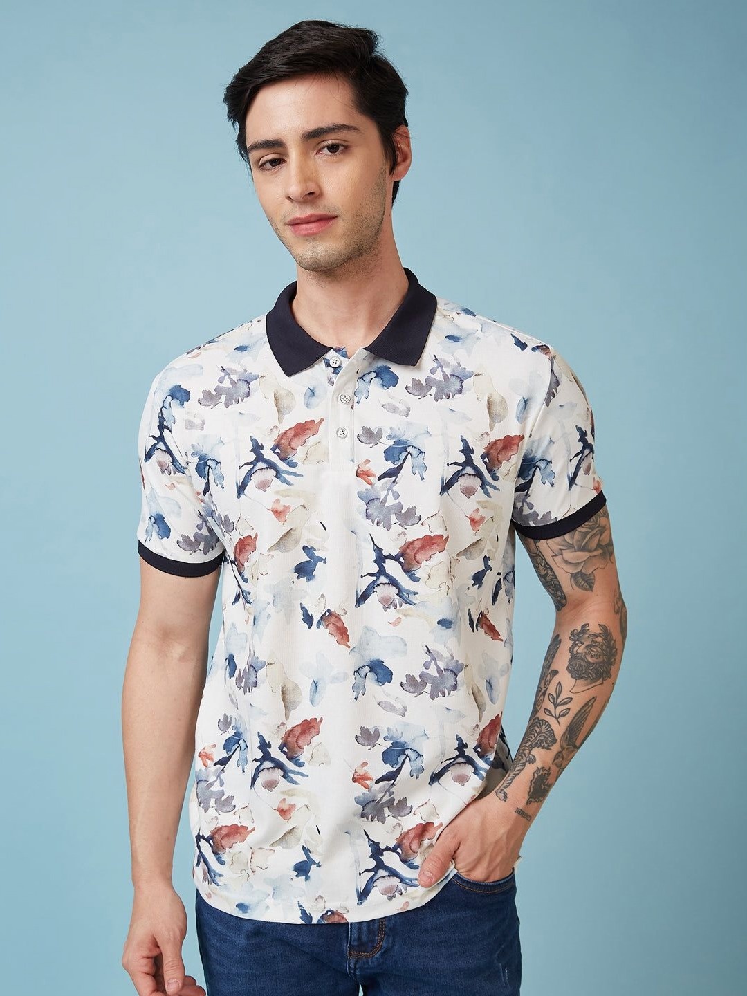 

Status Quo Men Floral Printed Polo Collar Regular Fit T-shirt, Off white