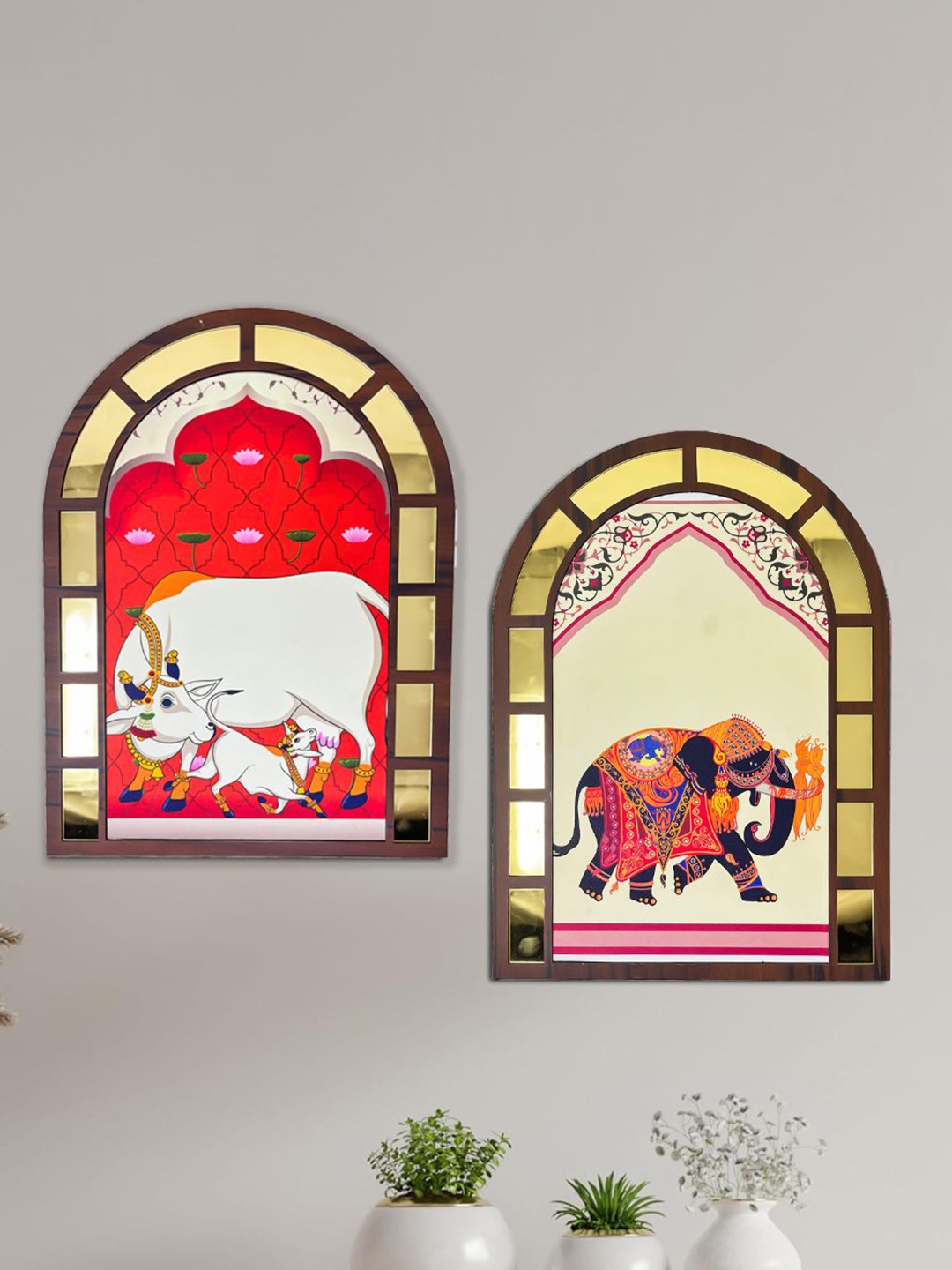 

CVANU Yellow & Red 2 Pieces Cow Elephant Printed Wooden Jharokas Wall Hangings