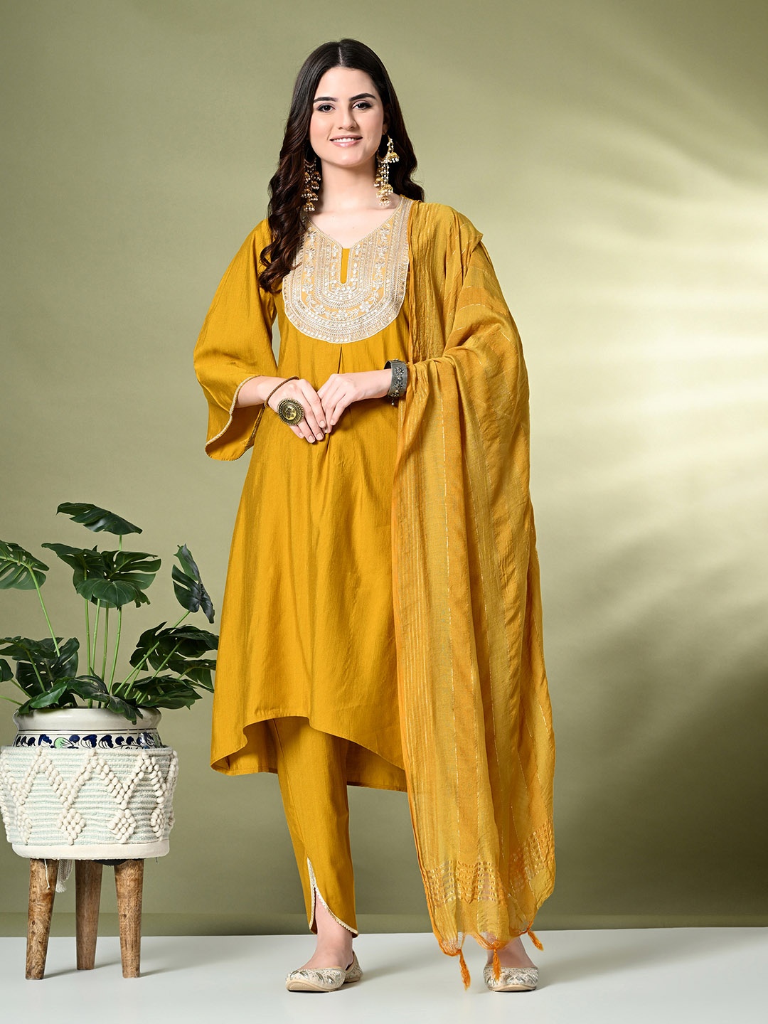 

KALINI Floral Embroidered Sequinned V-Neck A-Line Kurta With Dhoti Pants & Dupatta, Mustard