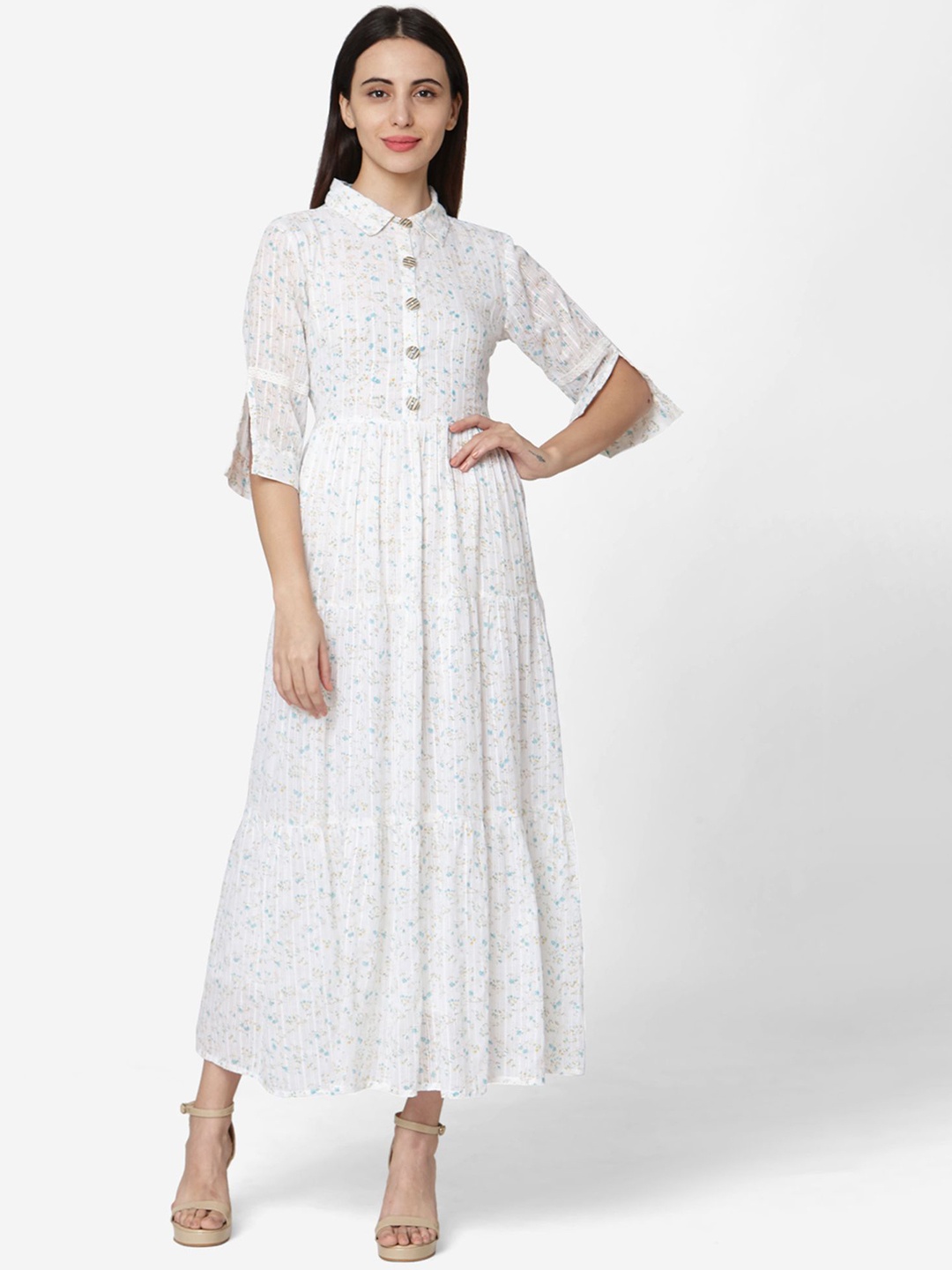 

KALINI Floral Printed Shirt Collar Pure Cotton Tiered Fit & Flare Maxi Dress, White