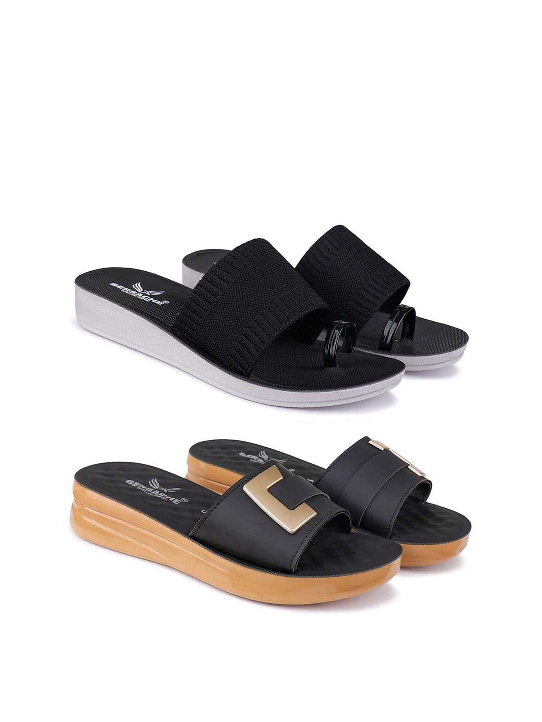 

BERSACHE Set Of 2 Open Toe Flats, Black