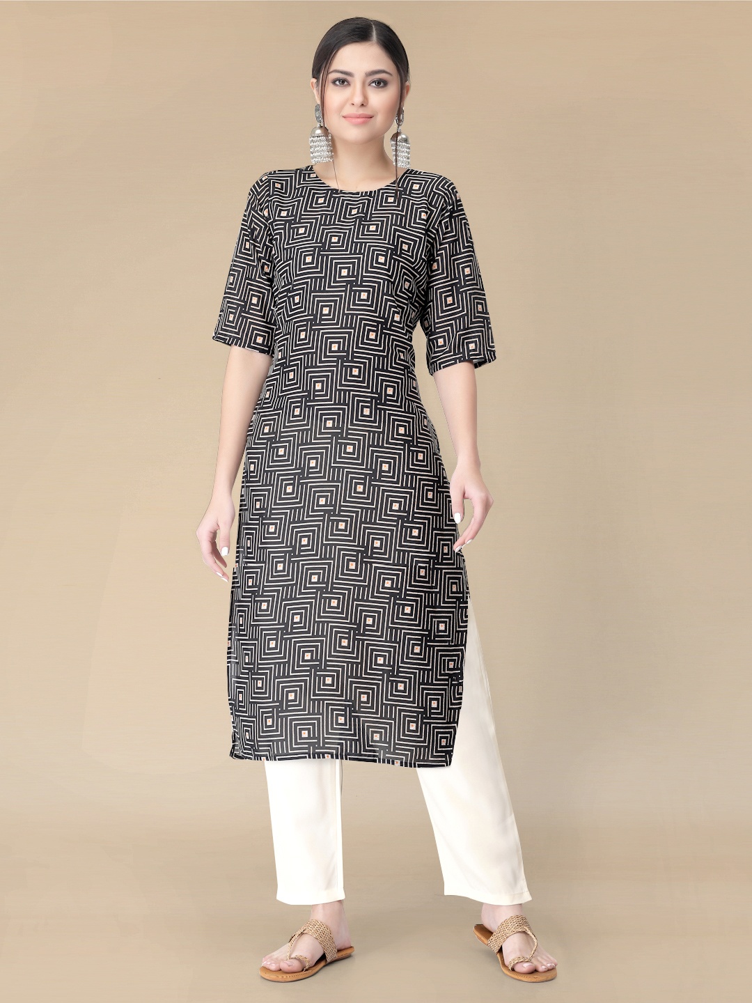

Moda Rapido Geometric Printed Straight Kurta with Trousers, Black