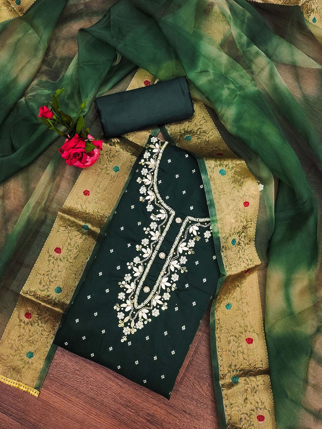 

SAINOOR Floral Woven Design Sequinned Unstitched Dress Material, Green