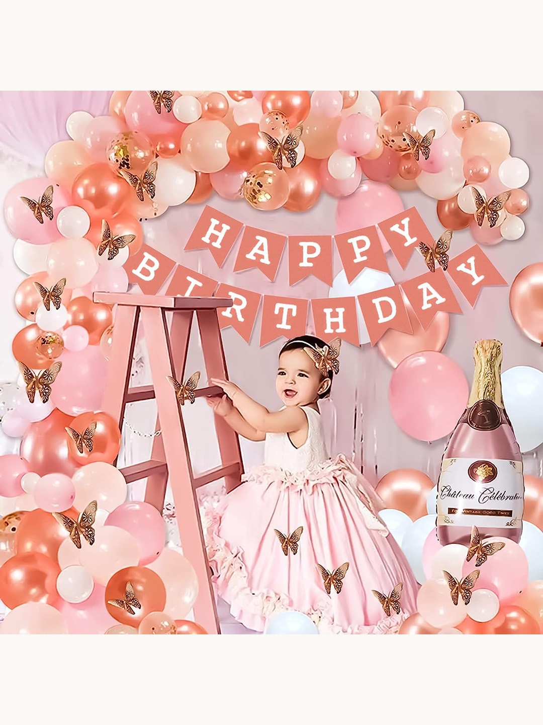 

Special You 74-pcs Pink & White Happy Birthday Banner with Balloon Decorations, Rose gold